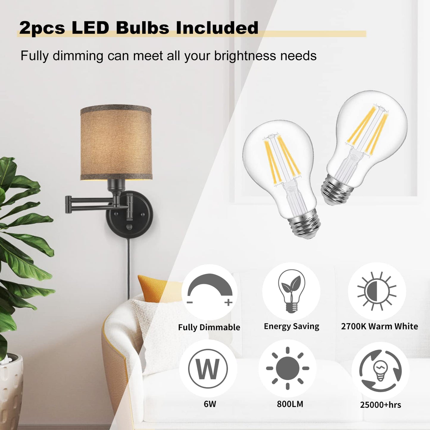 Plug in Wall Sconces with Remote Control, Dimming 10%-100% & Adjustable Colors 2700K-6500K, Hardwire or Plug-in, Swing Arm Wall Lamp with Linen Fabric Shade, Wall Sconces Set of Two, Black Finish