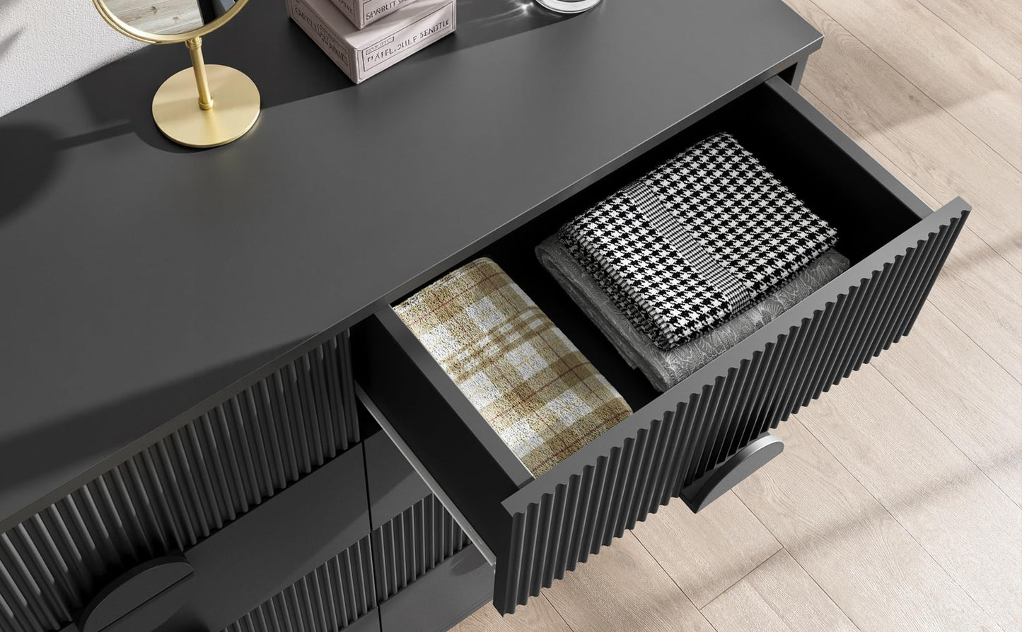 LGHM Fluted Gray Dresser for Bedroom, 50" Wide Chest of Drawers, Modern 6 Deep Drawers Dresser with Raised H Legs -Curved Profile Design, Easy Round Handles for Bedroom,Livingroom, Hallway, Gray