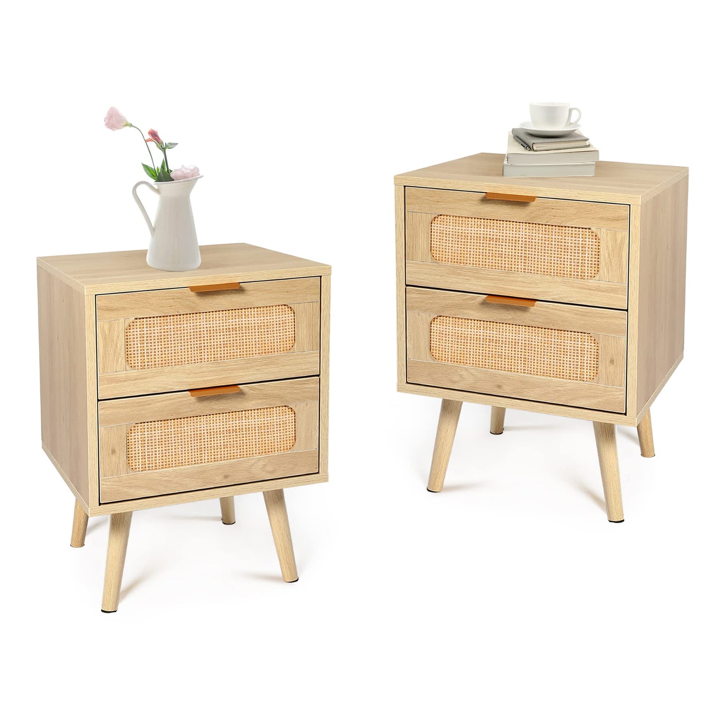 HOPUBUY Nightstands Set of 2 with Rattan Drawer, Modern Night Stand for Bedrooms, Wooden 2 Drawer Bedside Table Side Table for Small Place and Bedroom (Brown, 2 Drawers 2 Pack)