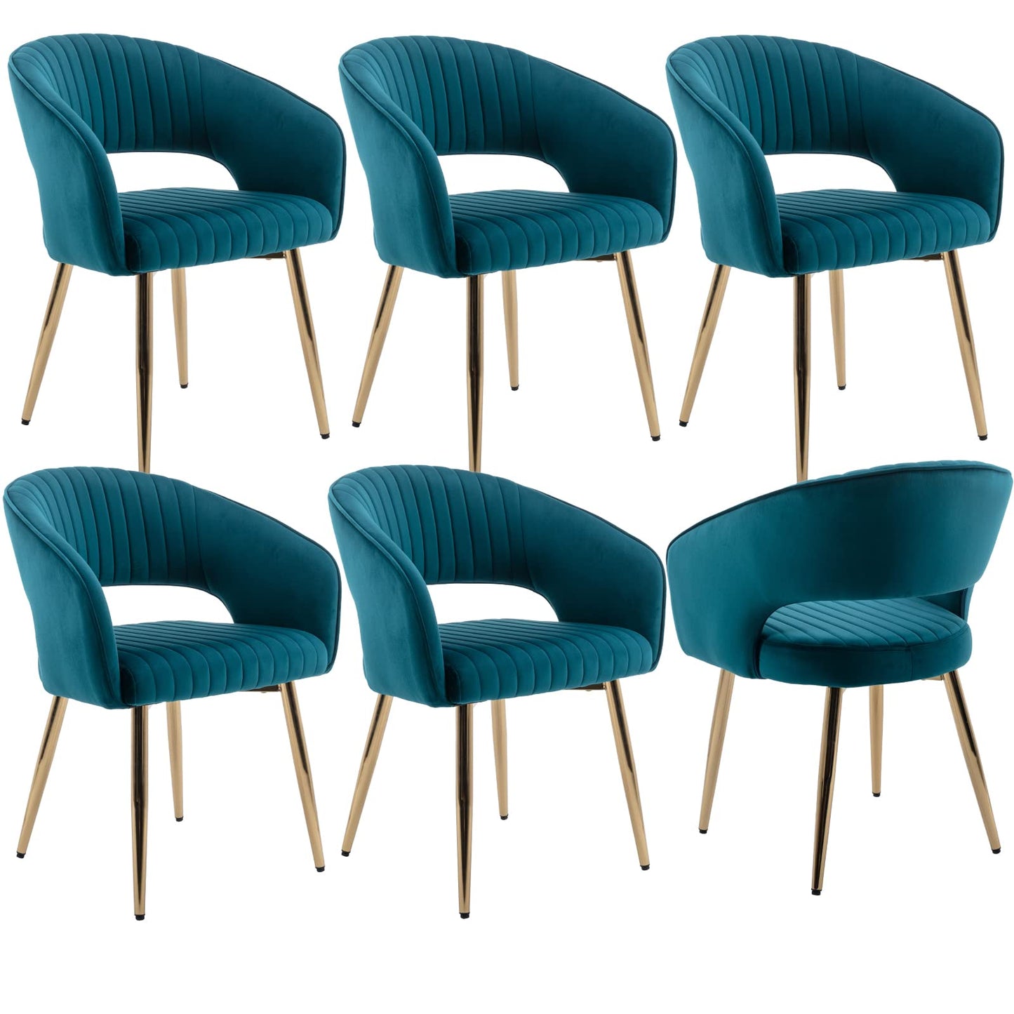 Modern Velvet Dining Chairs Set of 2, Upholstered Gold Dining Chairs with Hollow Back, Dining Room Chairs with Gold Legs, Accent Armrest Kitchen Chairs for Living Room Reception Teal Blue