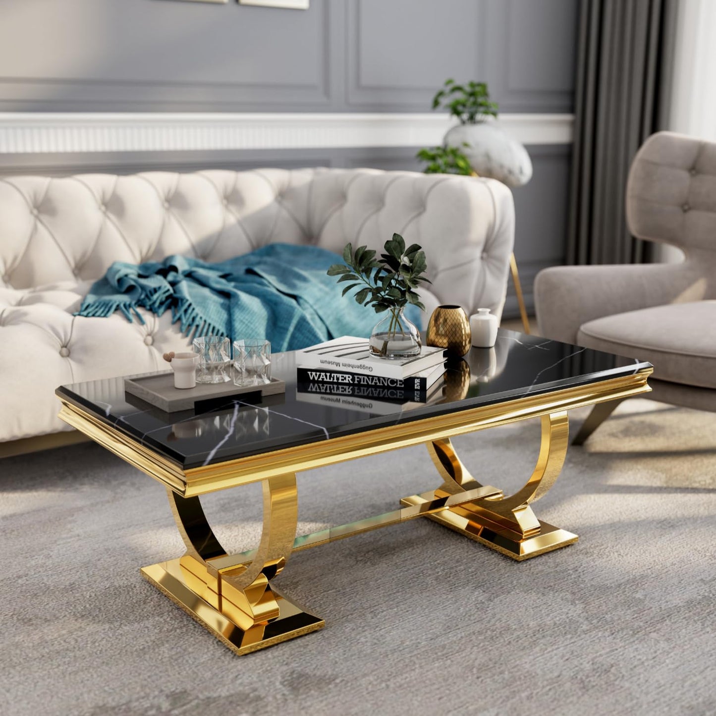 Asday Gold and White Coffee Table, Rectangle Marble Living Room Tea Table, Elegant Coffee Table for Living Room, Guest Hall, Reception Room