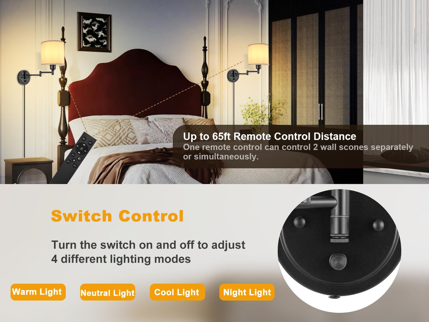 Plug in Wall Sconces with Remote Control, Dimming 10%-100% & Adjustable Colors 2700K-6500K, Hardwire or Plug-in, Swing Arm Wall Lamp with Linen Fabric Shade, Wall Sconces Set of Two, Black Finish