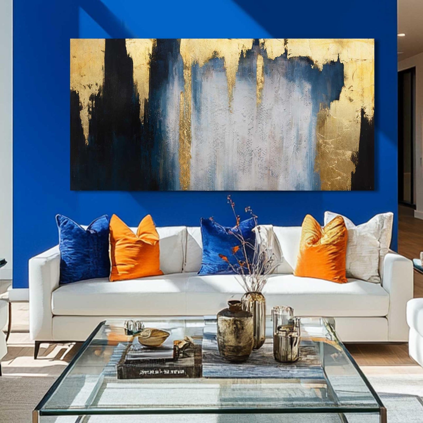 MLART99 Blue and White Abstract Wall Art Grunge Posters Gold Painting for Home Office 29"x 58" Gallery Wall Prints Large Size Artwork for Walls
