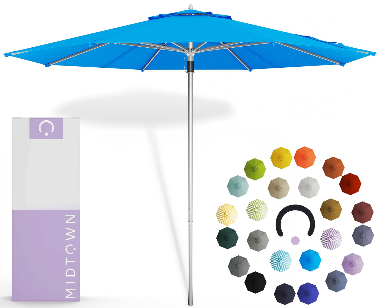 Midtown Umbrellas Push and Pop 9 Feet Outdoor Umbrella With Terylast Black/White Stripes Polyester Fabric - Fiberglass Ribs Deck Patio, Backyard, Garden & Pool - Silver Pole