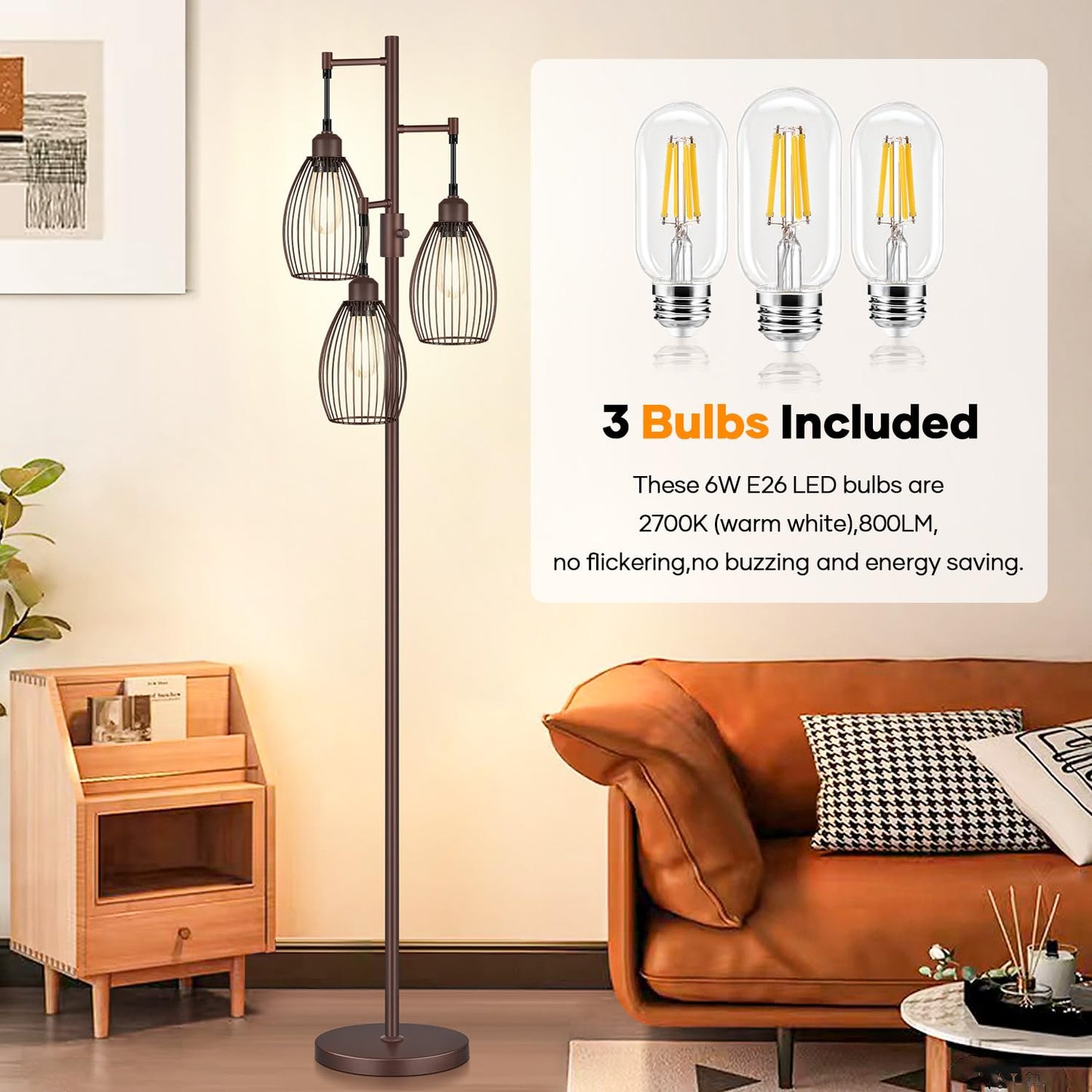 Dimmable Floor Lamp, 3 x 800LM LED Edison Bulbs Included, Farmhouse Industrial Floor Lamp Standing Tree Lamp with Elegant Teardrop Cage Tall Lamps for Living Room Bedroom Office Dining Room-Black