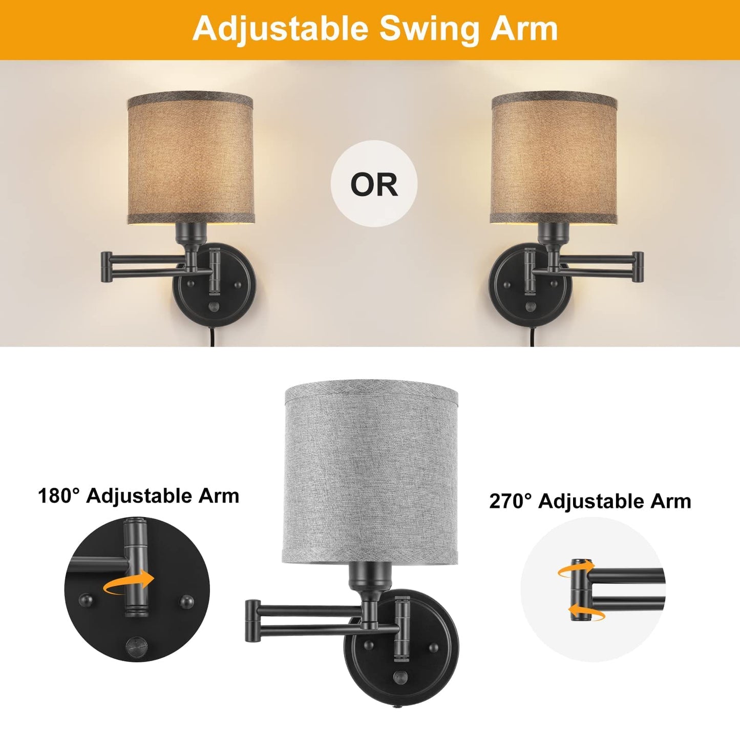 Plug in Wall Sconces with Remote Control, Dimming 10%-100% & Adjustable Colors 2700K-6500K, Hardwire or Plug-in, Swing Arm Wall Lamp with Linen Fabric Shade, Wall Sconces Set of Two, Black Finish