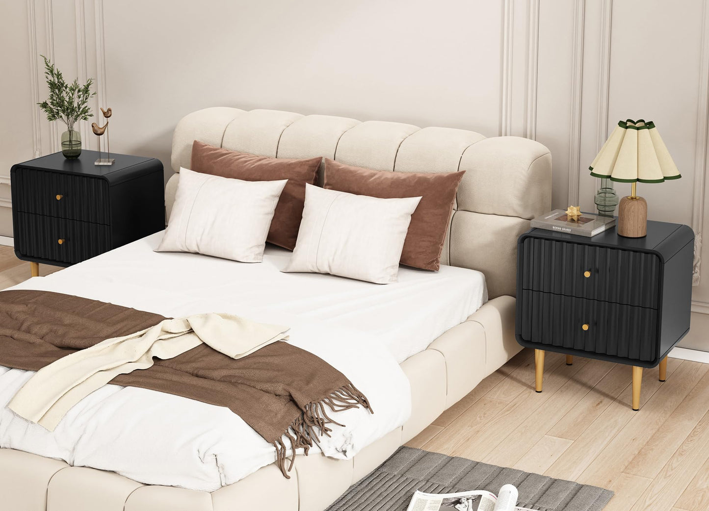 HLR Modern Nightstand Set of 2, Fluted Bed Side Table with 2 Drawers Storage, Wood End Table with Gold Metal Handle, White Night Stands for Bedroom