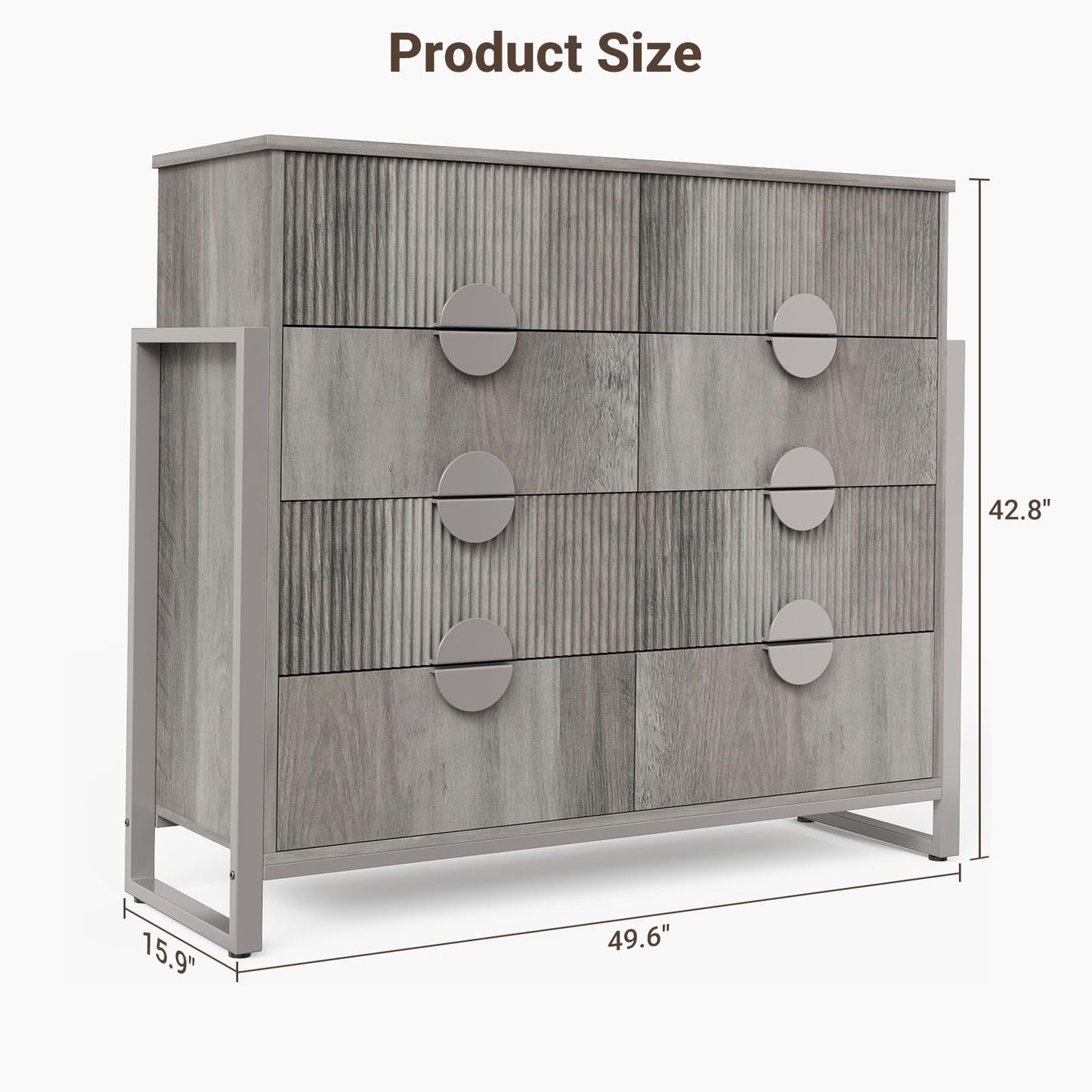 LGHM Fluted Gray Dresser for Bedroom, 50" Wide Chest of Drawers, Modern 6 Deep Drawers Dresser with Raised H Legs -Curved Profile Design, Easy Round Handles for Bedroom,Livingroom, Hallway, Gray