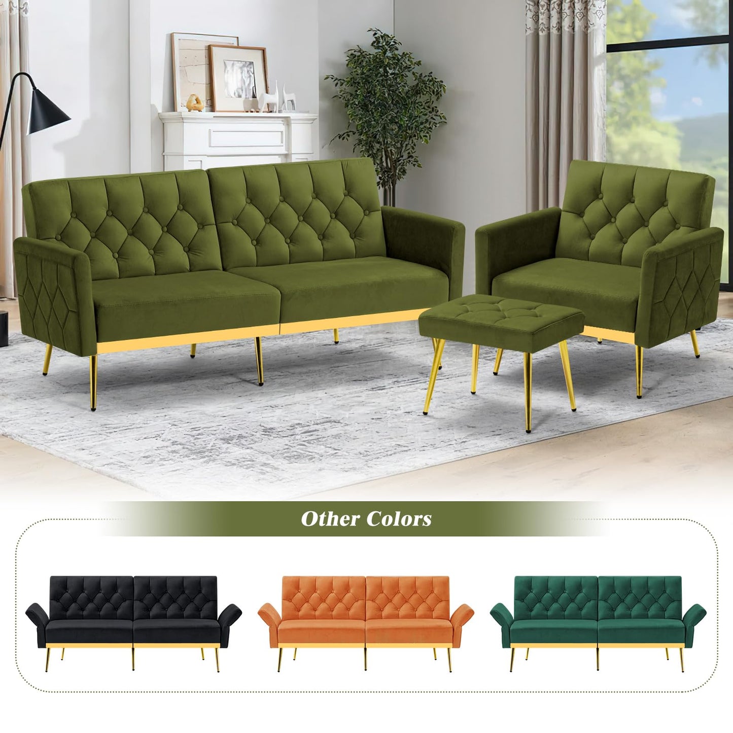 Velvet Sofa Bed w/Adjustable Armrests and Backrests, Modern Convertible Sleeper Sofa, Tufted Futon Sofa for Bedroom, Living Room, Apartment, Orange
