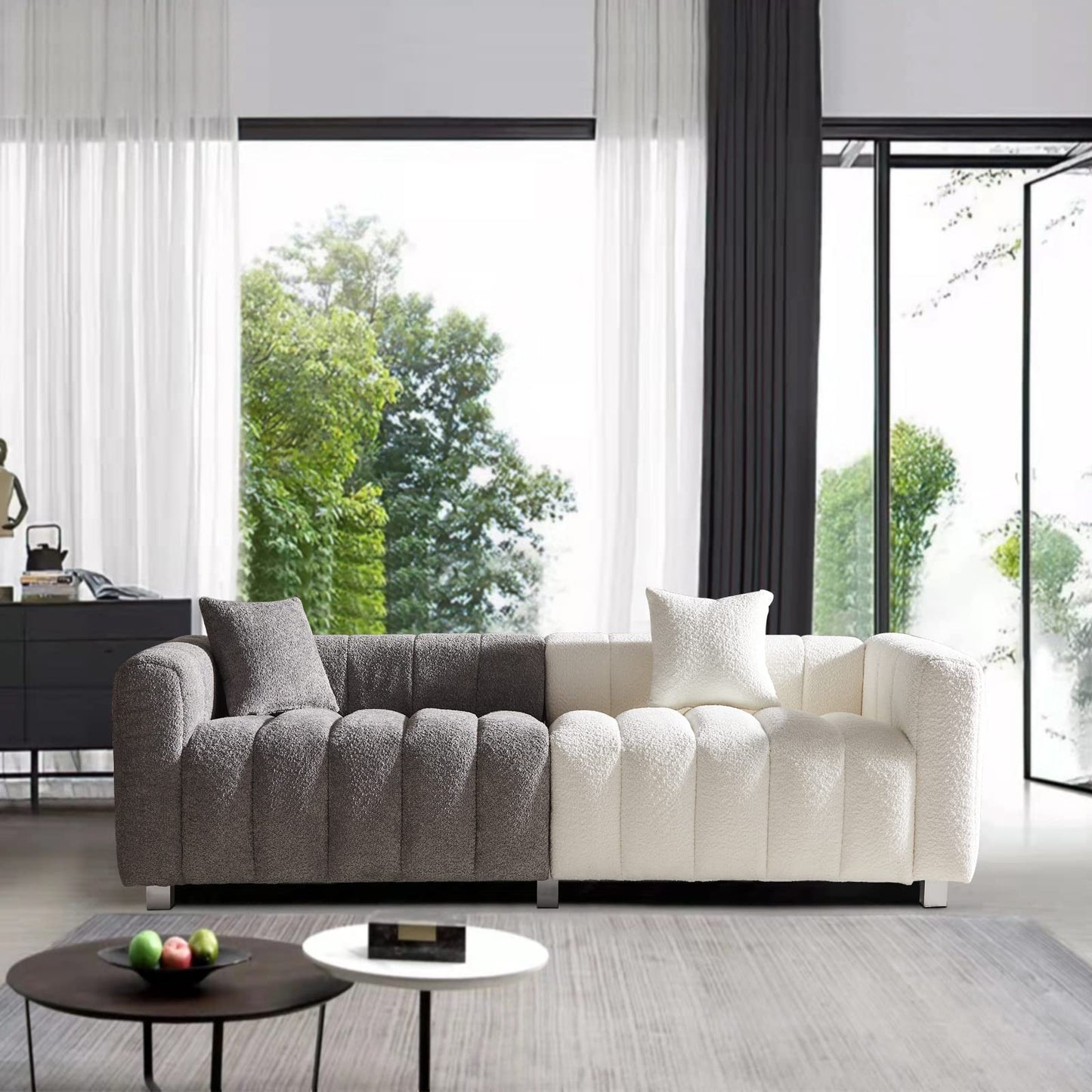 87.4" Modern 3 Seater Boucle Sofa Couch for Living Room, Mid Century Fluffy Couches with Solid Wood Frame and 6 Legs for Bedroom, Apartment, Weight Capacity 750 LBS (White)
