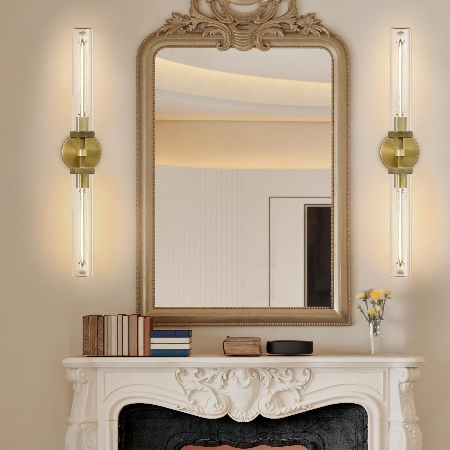 Brass Wall Sconces Set of Two, 19" Knurled Gold Sconces Wall Lighting, Tube Glass Bathroom Sconces Wall Lights for Bedroom Living Room Vanity Sconce Wall Lamp for Hallway, Staircase
