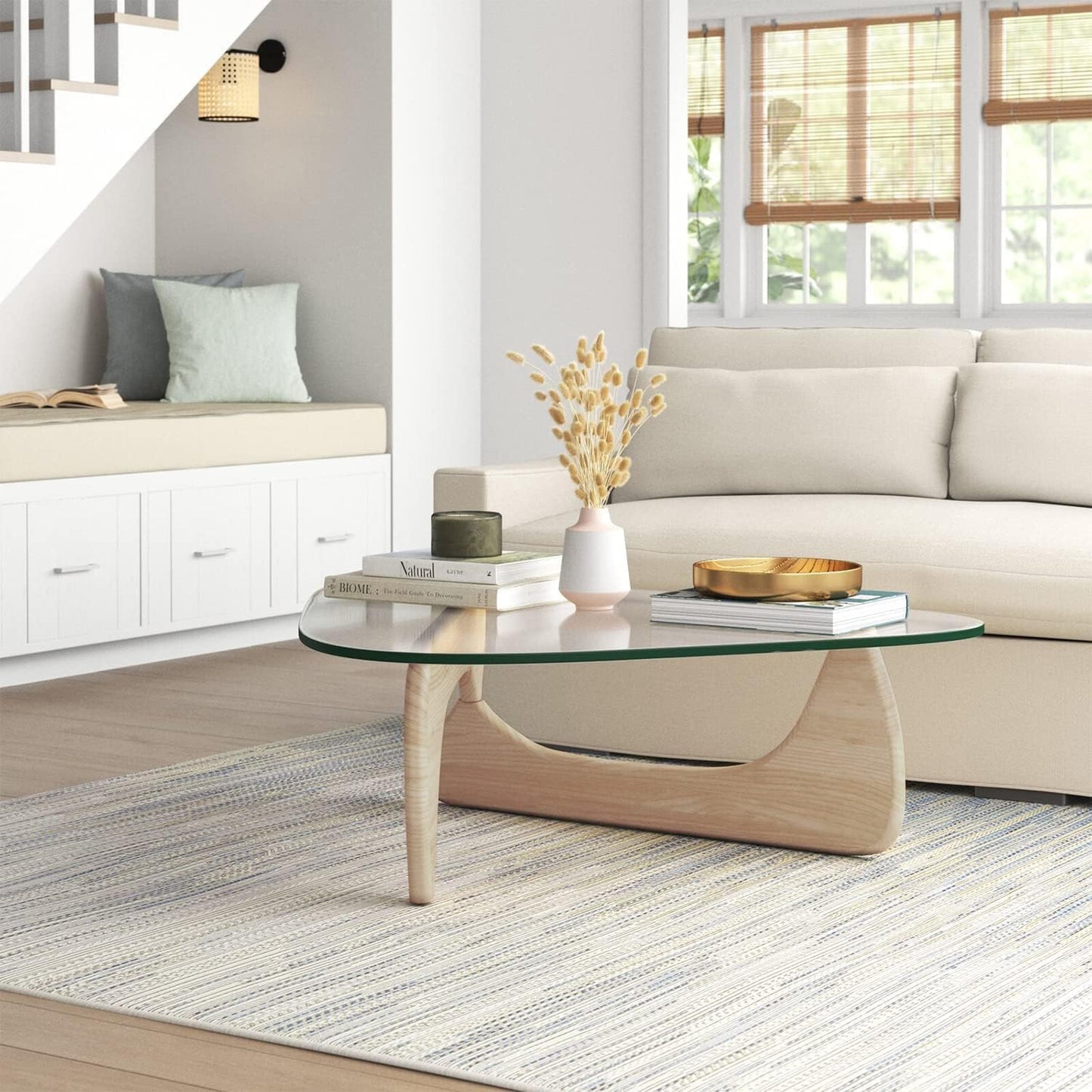 Noguchi Coffee Table – Mid-Century Modern Triangle Glass Coffee Table with Clear Tempered Top & Wood Base, End Table for Living Room Office Hotel Balcony, 50" W x 37.5" D