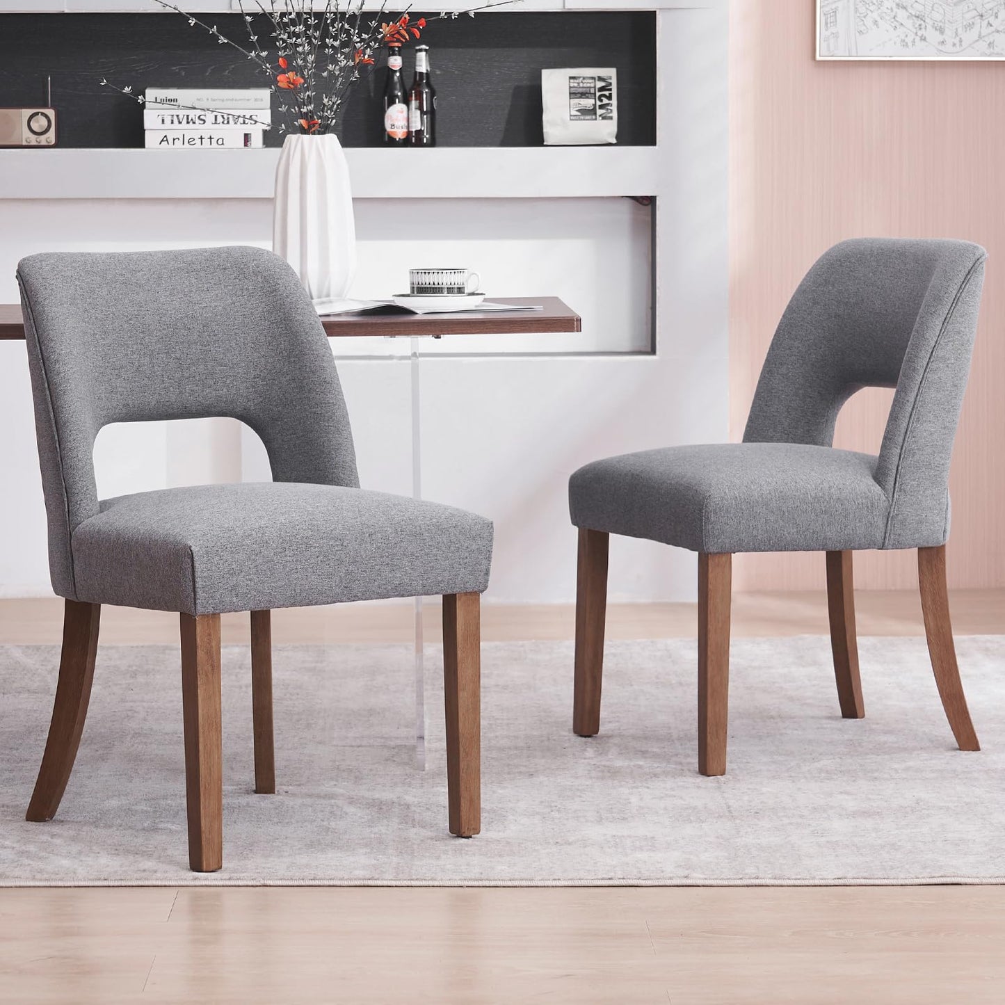 VKNOW Wooden Dining Chairs Set of 2, Modern Fabric Upholstered Dining Room Chair Kitchen Chairs, Farmhouse Dinner Chair for Kitchen Dining Room, Beige-Black Legs