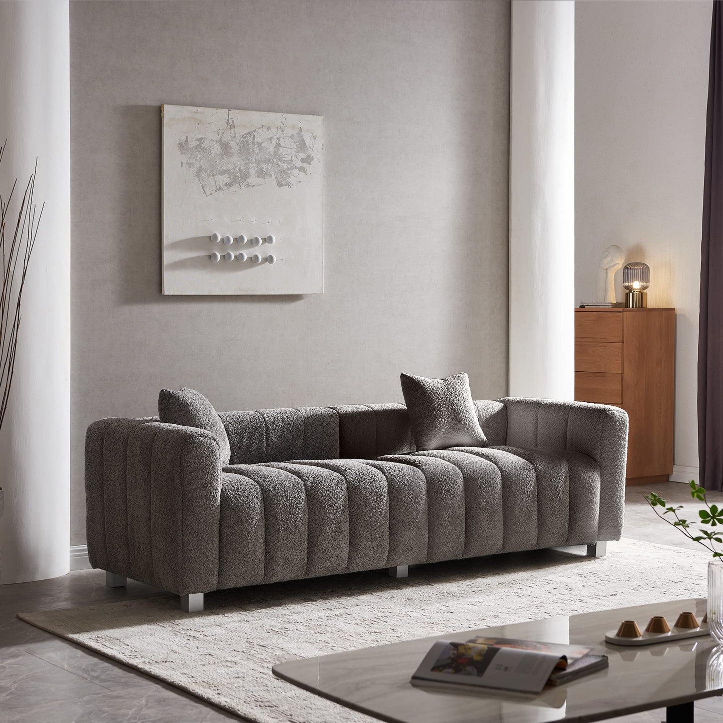 87.4" Modern 3 Seater Boucle Sofa Couch for Living Room, Mid Century Fluffy Couches with Solid Wood Frame and 6 Legs for Bedroom, Apartment, Weight Capacity 750 LBS (White)
