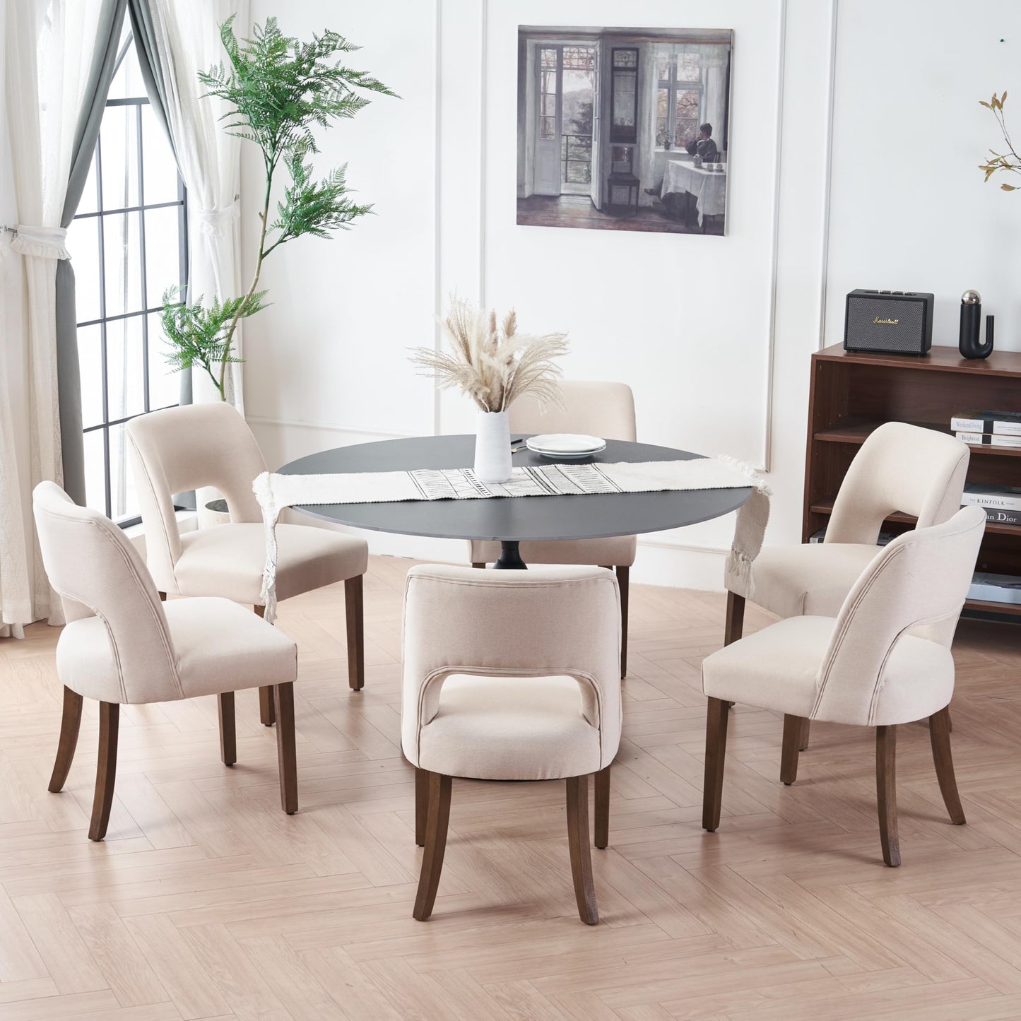 VKNOW Wooden Dining Chairs Set of 2, Modern Fabric Upholstered Dining Room Chair Kitchen Chairs, Farmhouse Dinner Chair for Kitchen Dining Room, Beige-Black Legs