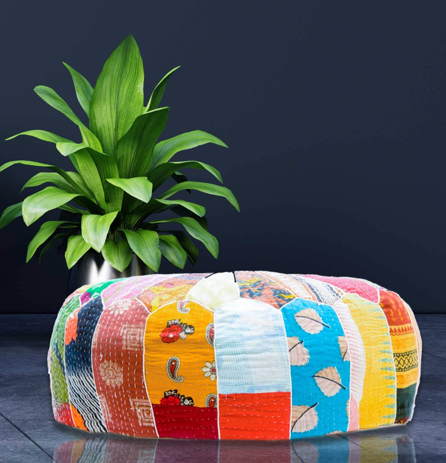 Large Round Floor Pillow Cover Blue Indian Décorative Accent Meditation Cushion Perfect for Living Room, Bedroom, Nursary or Children Room Seating Area Stool Footstool Pouf Ottoman 24x8 Unstuffed