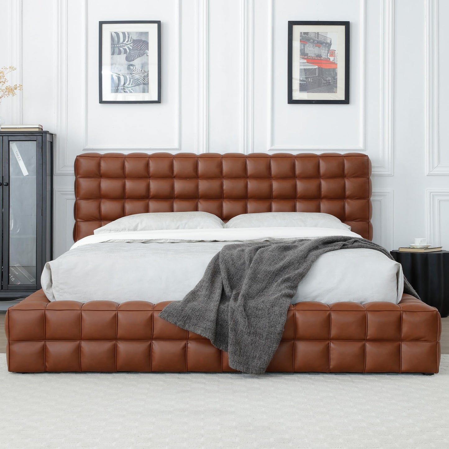 Woodpeckers Furniture And Mattress Livia Vegan Leather Upholstered Bed Frame (Brown, King)