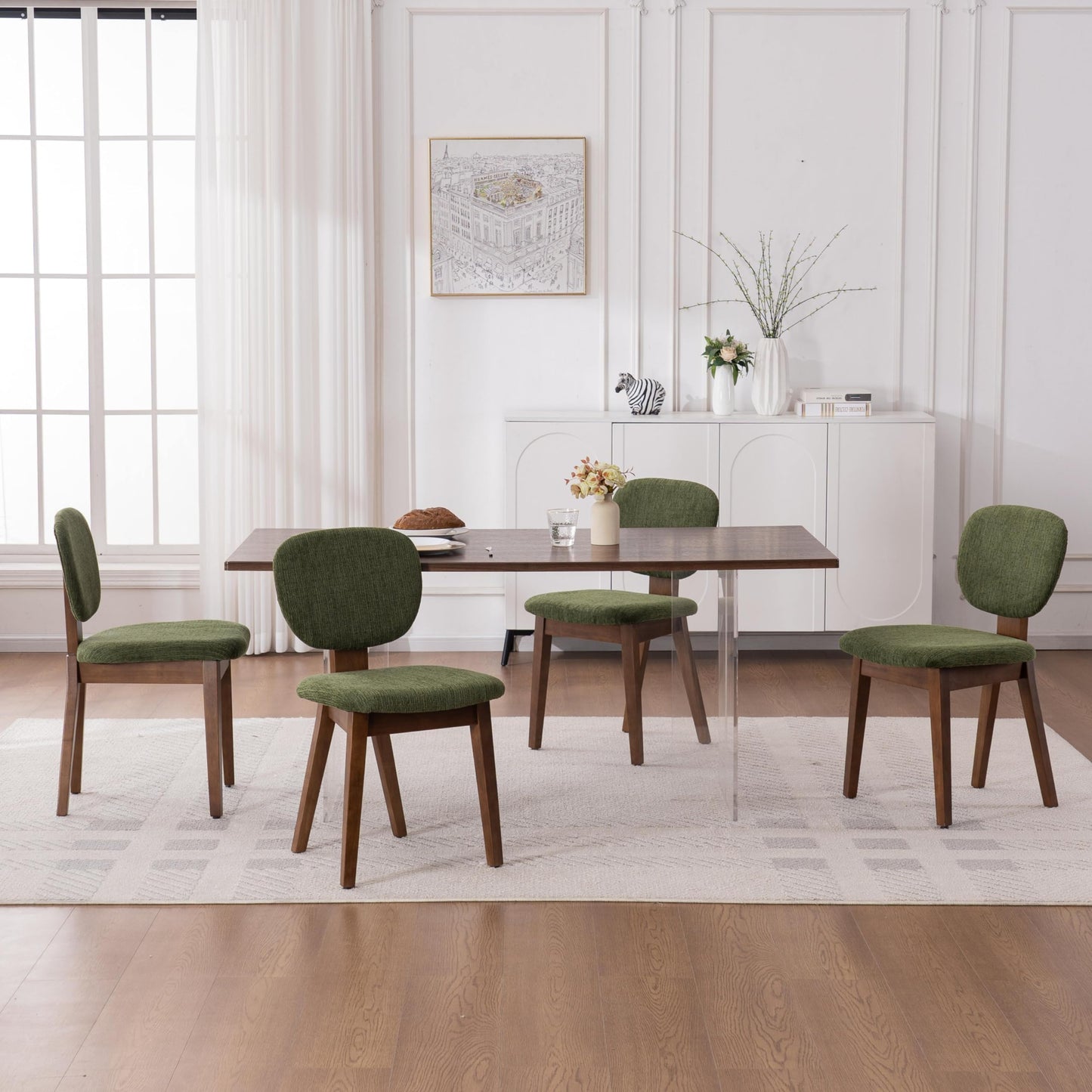 VKNOW Wooden Dining Chairs Set of 4, Mid Century Modern Upholstered Kitchen Side Chairs, Chenille Dining Room Chair with Curved Seat Backrest for Home Dining Room,Green