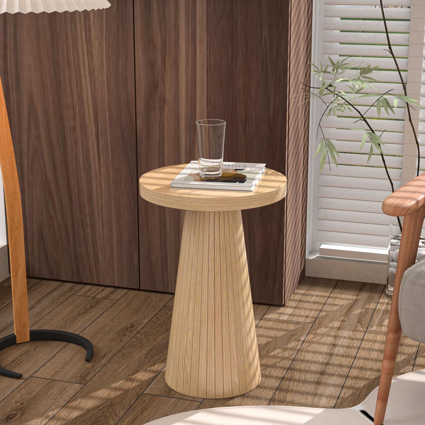 Small Round Pedestal Side Table, Wooden End Table for Living Room, Fluted Drink Table for Small Space, Modern Plant Stand Accent Table for Sofa Couch, 13.6 inch (Walnut)