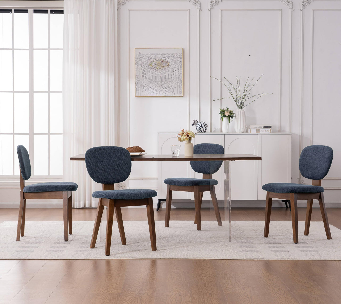 VKNOW Wooden Dining Chairs Set of 4, Mid Century Modern Upholstered Kitchen Side Chairs, Chenille Dining Room Chair with Curved Seat Backrest for Home Dining Room,Green