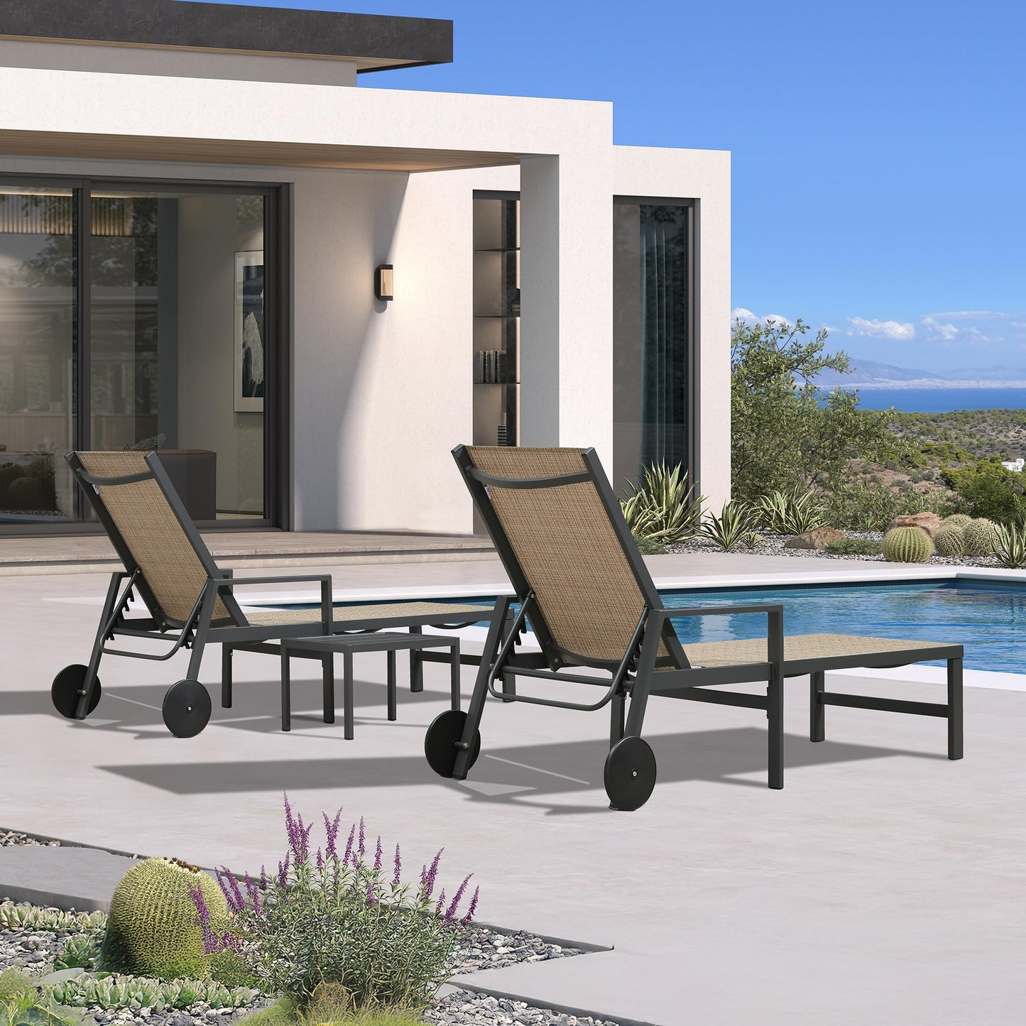 PURPLE LEAF Outdoor Chaise Lounge Chair Set of 2 Patio Pool Lounger Wicker Chairs with Wooden Armrest Sunbathing Tanning Recliner for Pool Backyard Garden Dark Brown