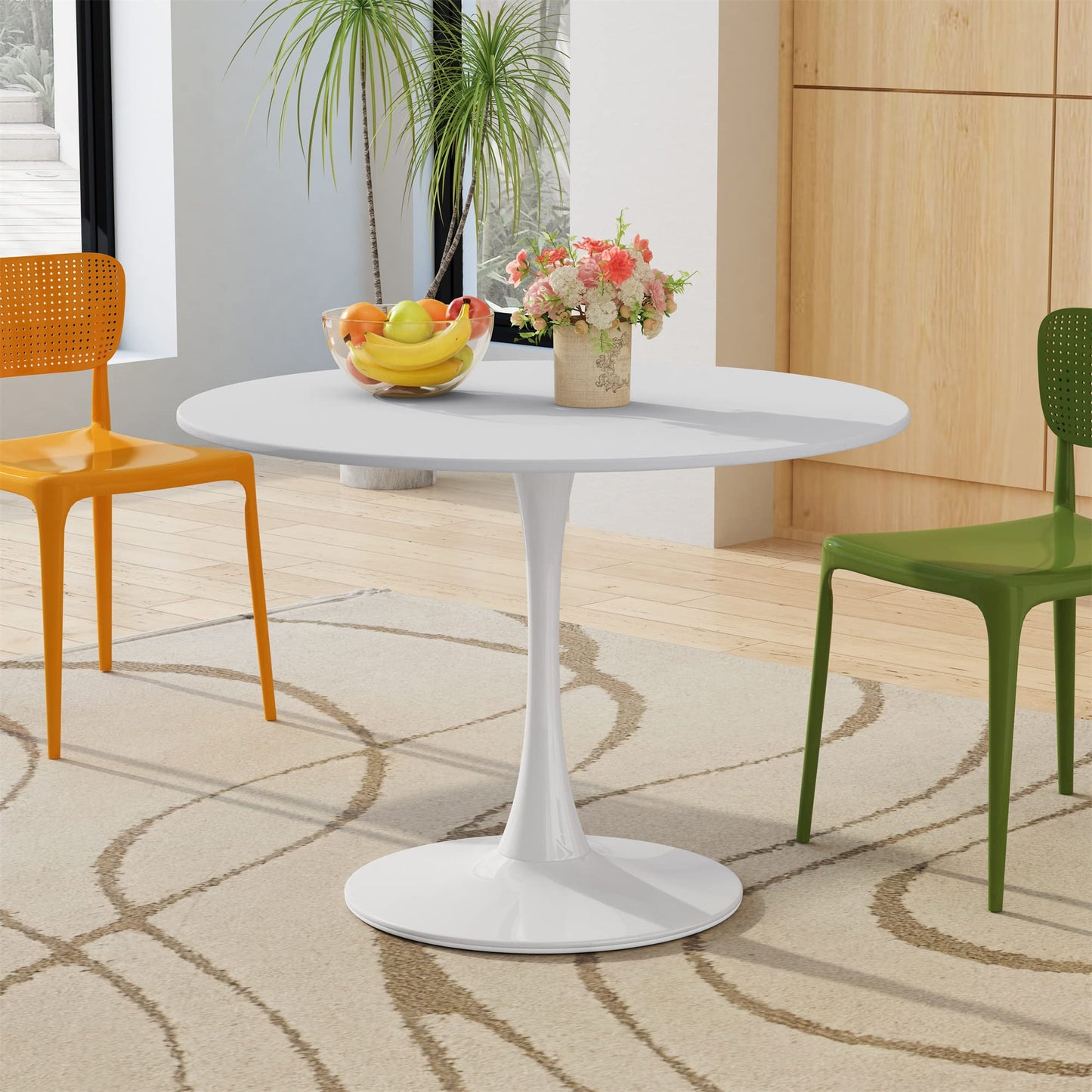 DKLGG 42" Modern Round Dining Table with MDF Top, Metal Base Pedestal Tulip Kitchen Table for 4-6 Person, Small Space Home, End Leisure Coffee Table, White