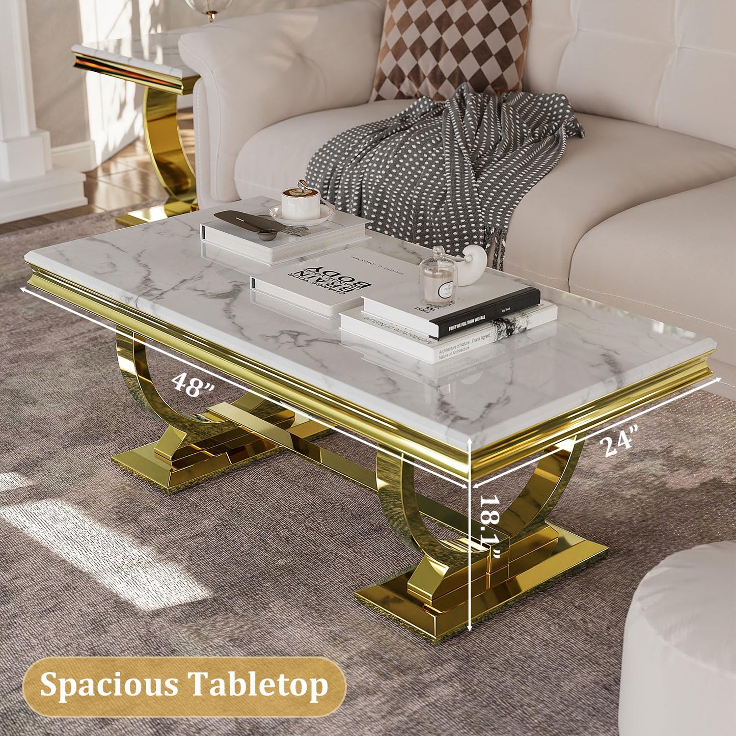 Asday Gold and White Coffee Table, Rectangle Marble Living Room Tea Table, Elegant Coffee Table for Living Room, Guest Hall, Reception Room