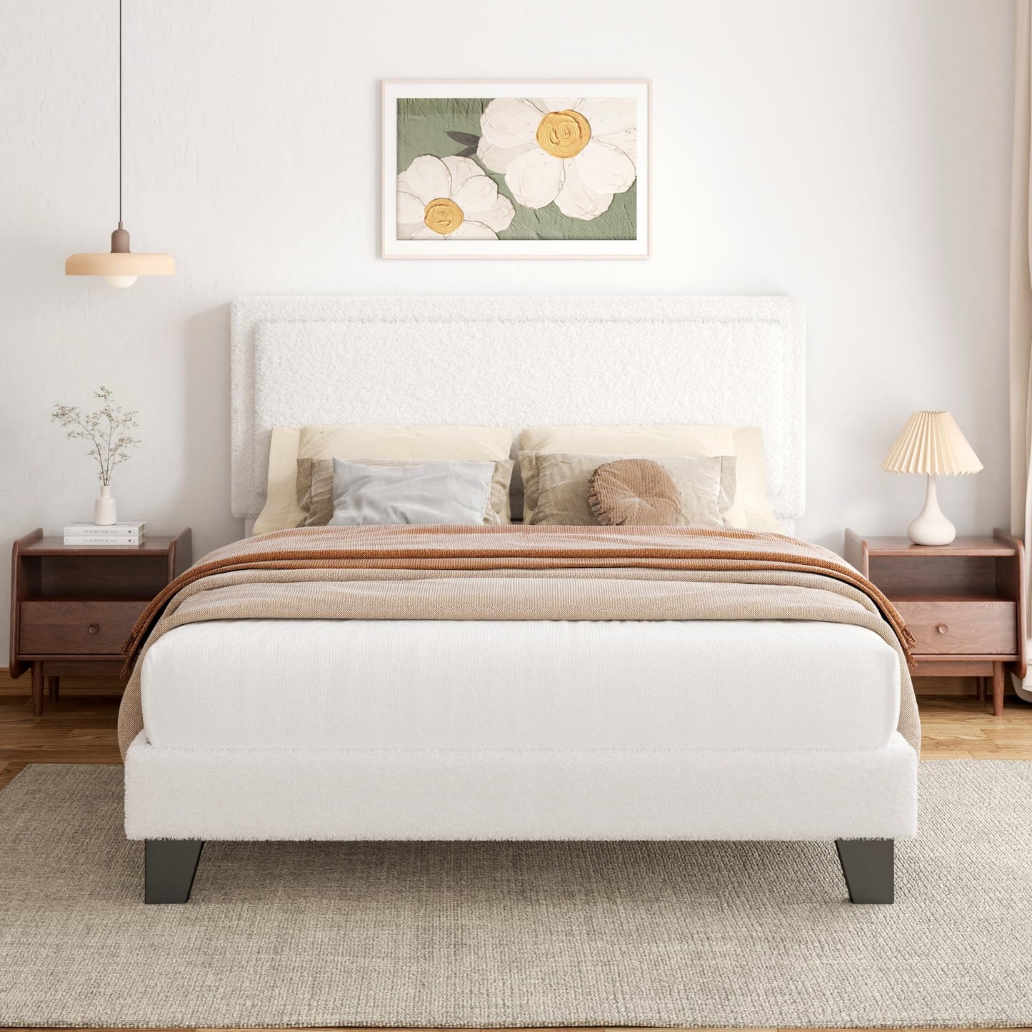 King Size Bed Frame and Headboard, Boucle Upholstered Platform Cloud Bed Frame with Headboard, Soft Teddy Fabric, Modern Style, No Box Spring Required, Easy Assembly, Blue-Black