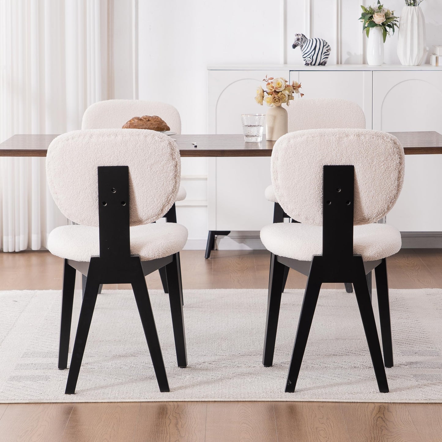 VKNOW Wooden Dining Chairs Set of 4, Mid Century Modern Upholstered Kitchen Side Chairs, Chenille Dining Room Chair with Curved Seat Backrest for Home Dining Room,Green