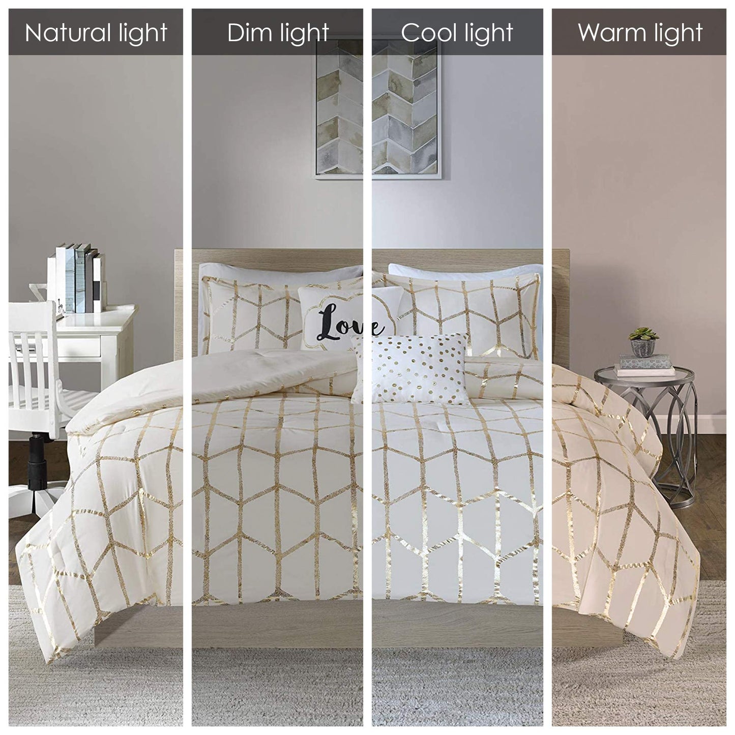 Intelligent Design, Soft Microfiber Comforter Modern Geometric Metallic Bed Set, Full/Queen, Grey/Silver