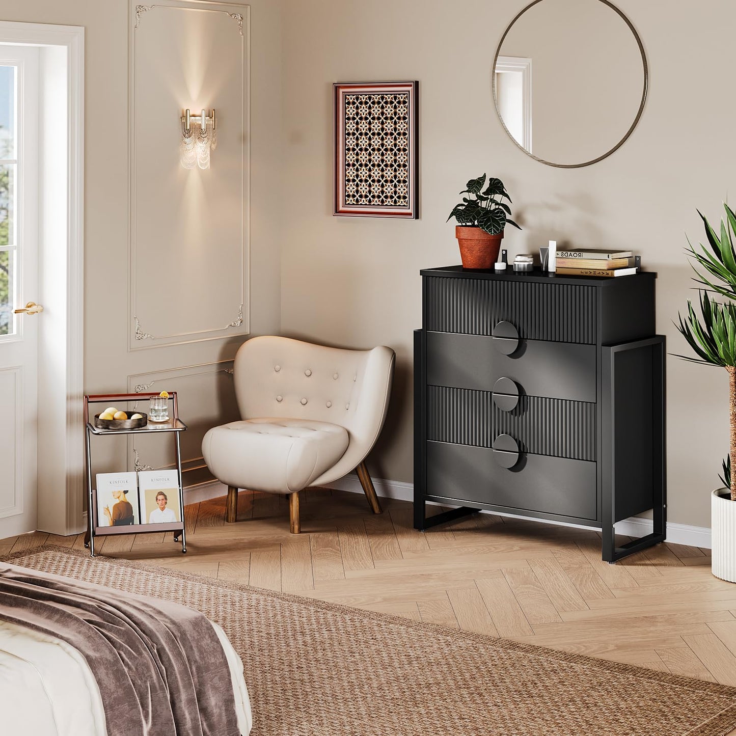 LGHM Fluted Gray Dresser for Bedroom, 50" Wide Chest of Drawers, Modern 6 Deep Drawers Dresser with Raised H Legs -Curved Profile Design, Easy Round Handles for Bedroom,Livingroom, Hallway, Gray