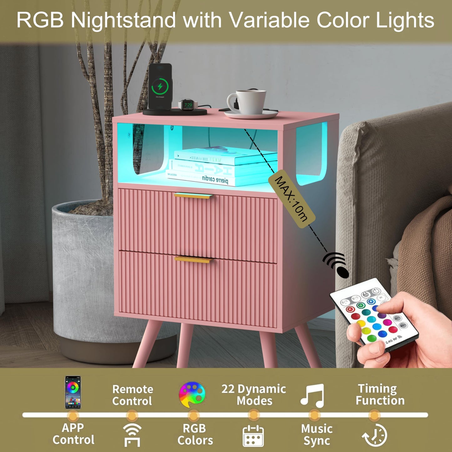 Nightstand with Charging Station and LED Lights,Modern Bedside Table with 2 Storage Drawer and Open Wood Shelf, for Bedroom and Small Spaces,Night Stand with Solid Wood Legs,GreyOak
