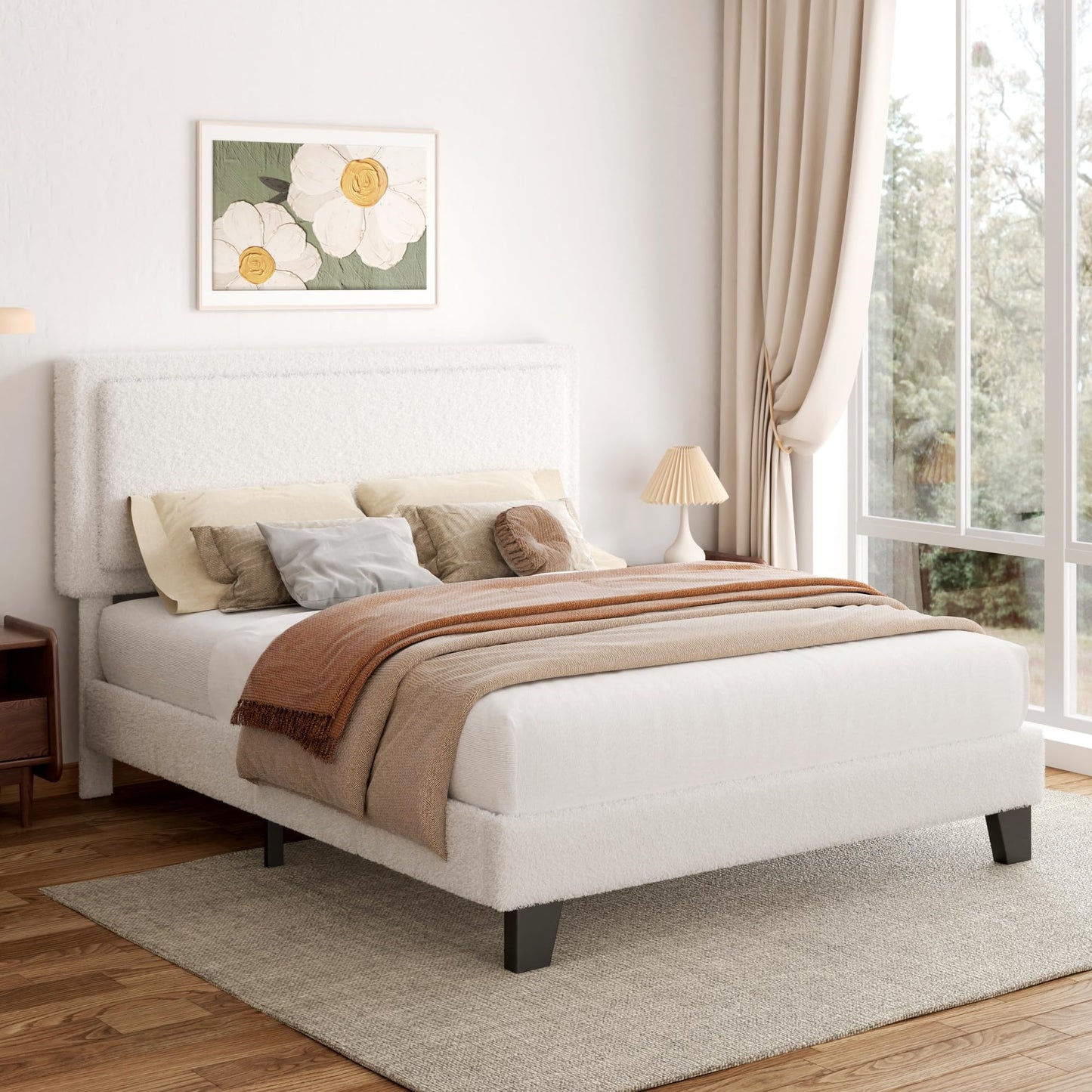 King Size Bed Frame and Headboard, Boucle Upholstered Platform Cloud Bed Frame with Headboard, Soft Teddy Fabric, Modern Style, No Box Spring Required, Easy Assembly, Blue-Black
