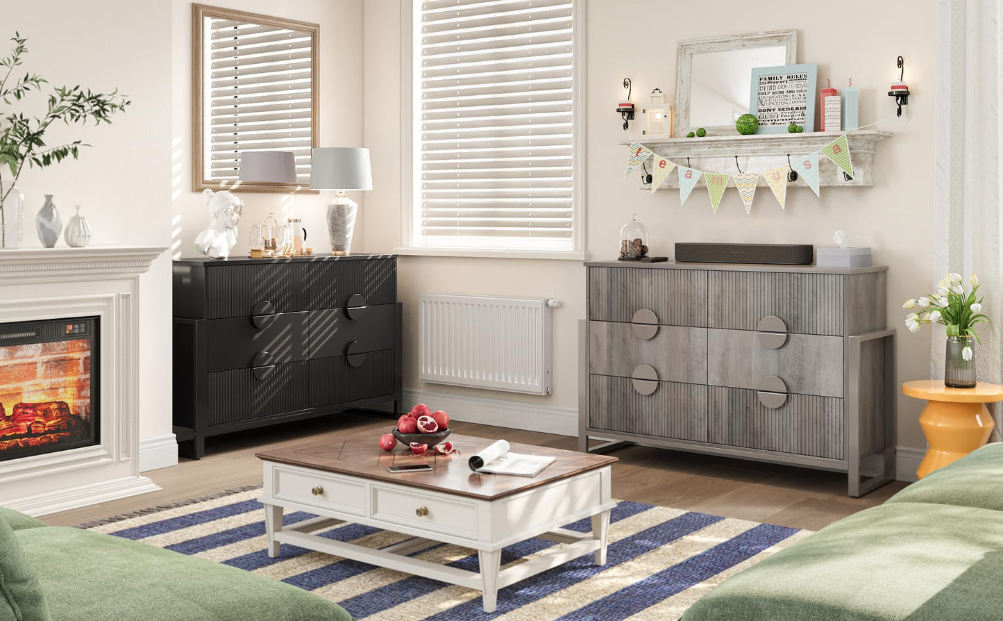LGHM Fluted Gray Dresser for Bedroom, 50" Wide Chest of Drawers, Modern 6 Deep Drawers Dresser with Raised H Legs -Curved Profile Design, Easy Round Handles for Bedroom,Livingroom, Hallway, Gray