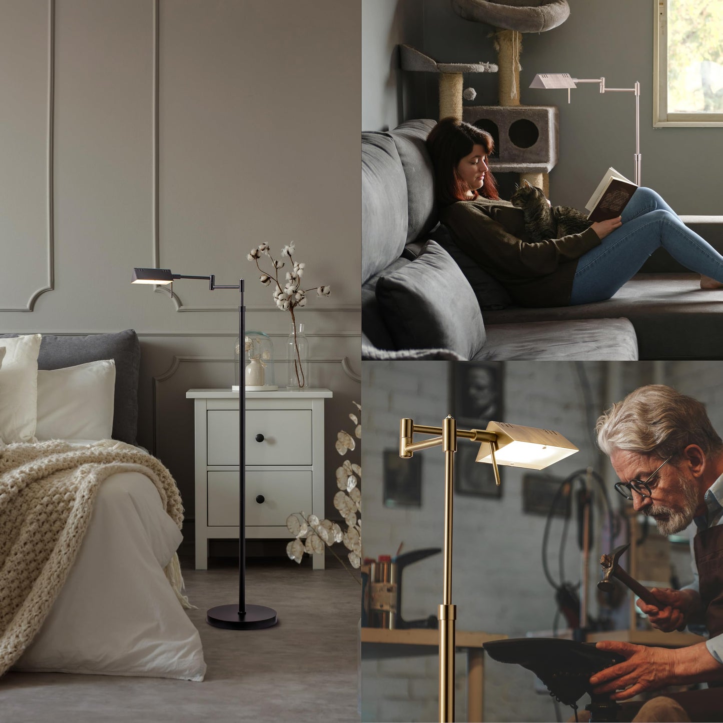 O’Bright Dimmable LED Pharmacy Floor Lamp, 12W LED, Full Range Dimming, 360 Degree Swing Arms, Adjustable Heights, Standing Lamp for Reading, Sewing, and Craft, ETL Listed, Antique Brass (Gold)