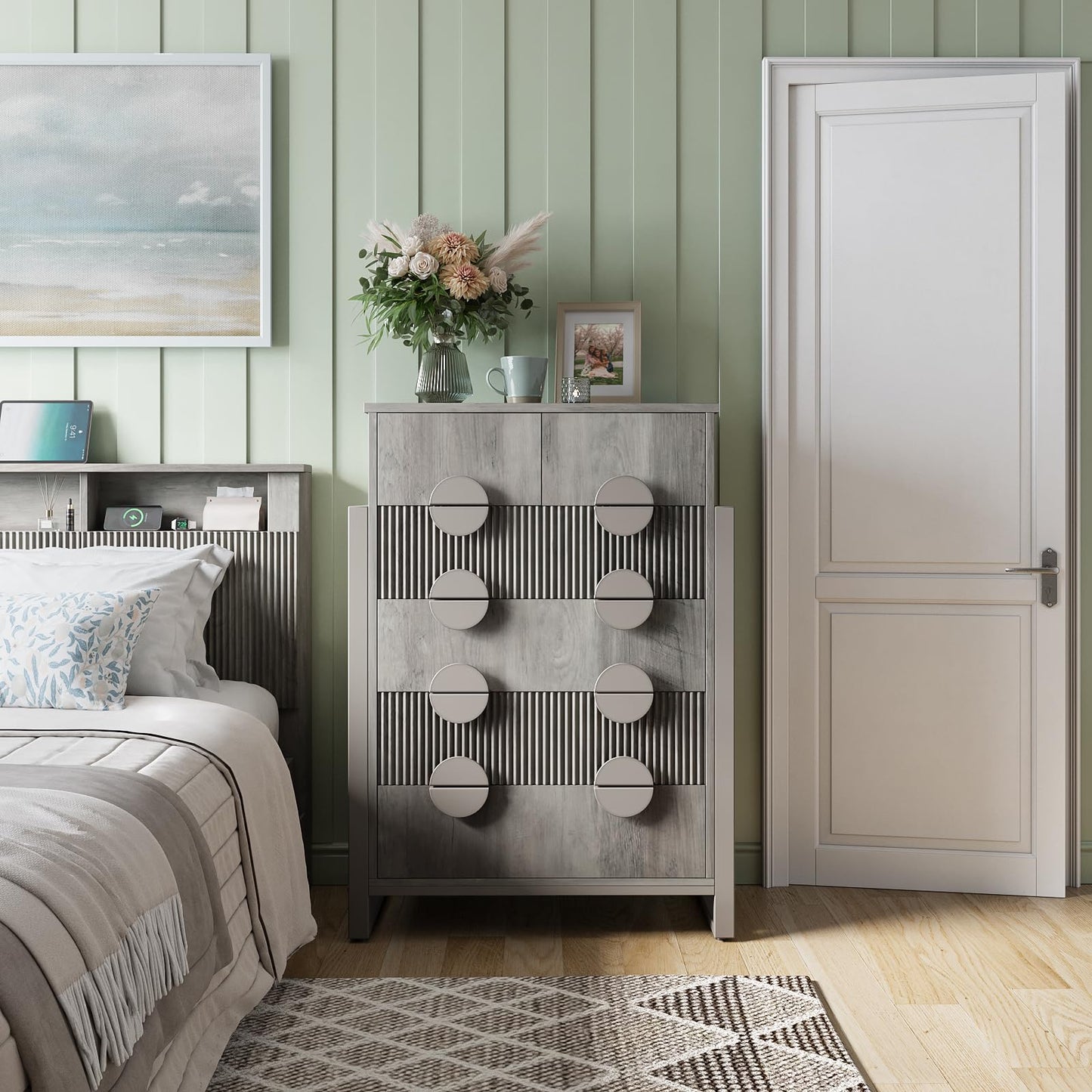 LGHM Fluted Gray Dresser for Bedroom, 50" Wide Chest of Drawers, Modern 6 Deep Drawers Dresser with Raised H Legs -Curved Profile Design, Easy Round Handles for Bedroom,Livingroom, Hallway, Gray