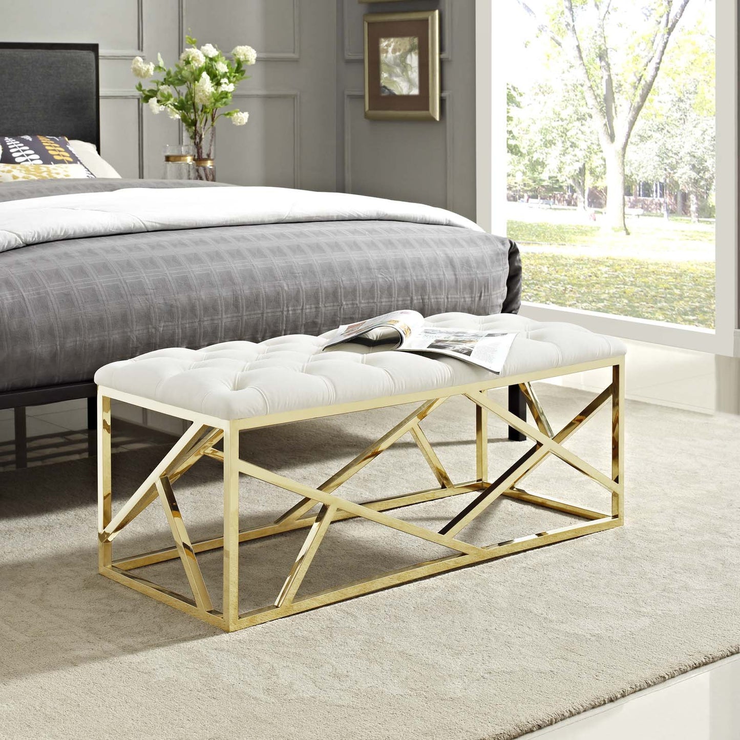 Modway intersperse Button-Tufted Contemporary Modern with Metallic Frame, Bench, Silver Gray