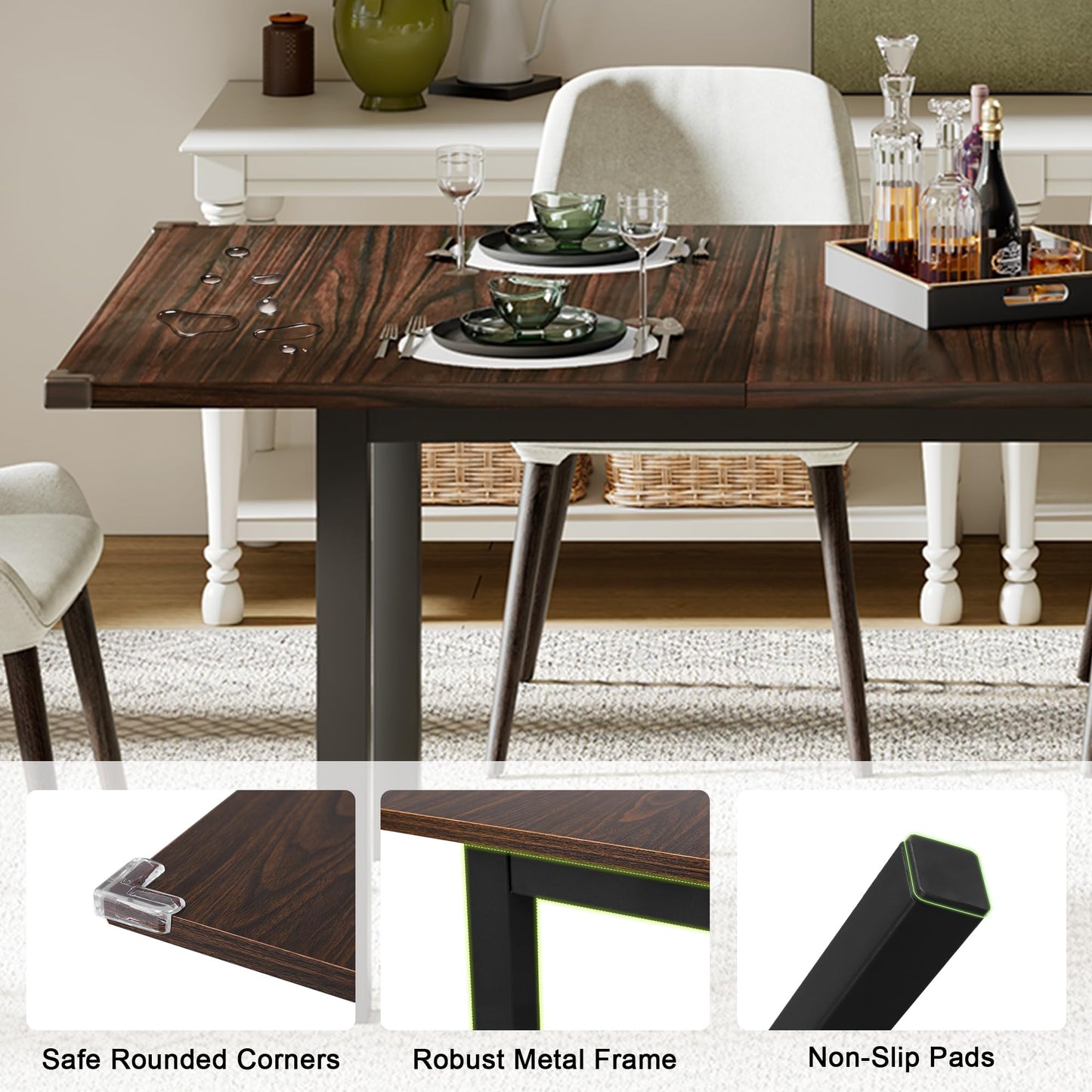 Feonase 63" Extendable Dining Table, Modern Farmhouse Dining Room Table for 4-8, Wooden Kitchen Table for Small Space, Dining Room, Home Office, Living Room Furniture, Walnut