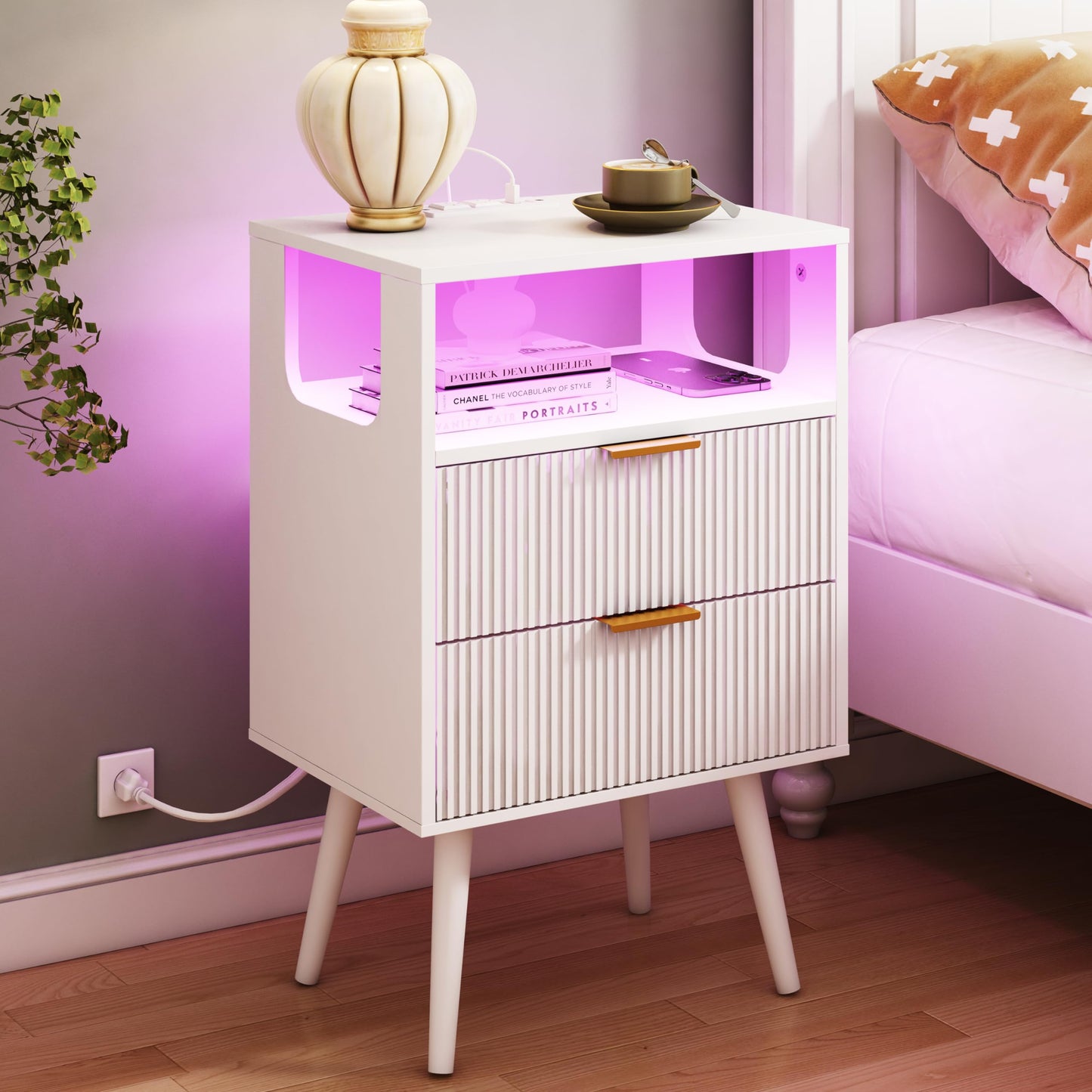 Nightstand with Charging Station and LED Lights,Modern Bedside Table with 2 Storage Drawer and Open Wood Shelf, for Bedroom and Small Spaces,Night Stand with Solid Wood Legs,GreyOak