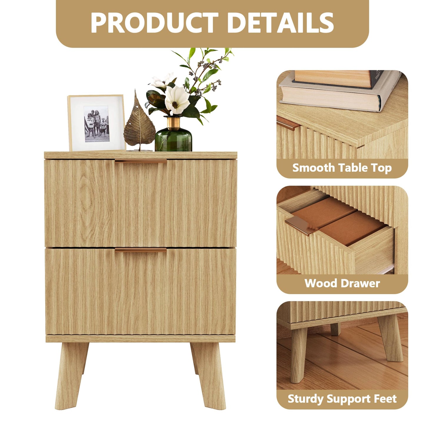 Fluted Nightstand Set of 2, Mid Century Modern 2 Drawer Dresser for Bedroom, Small Dresser Night Stand Side Table End Table with Wood Fluted Drawer Storage for Bedroom Closet(Walnut)