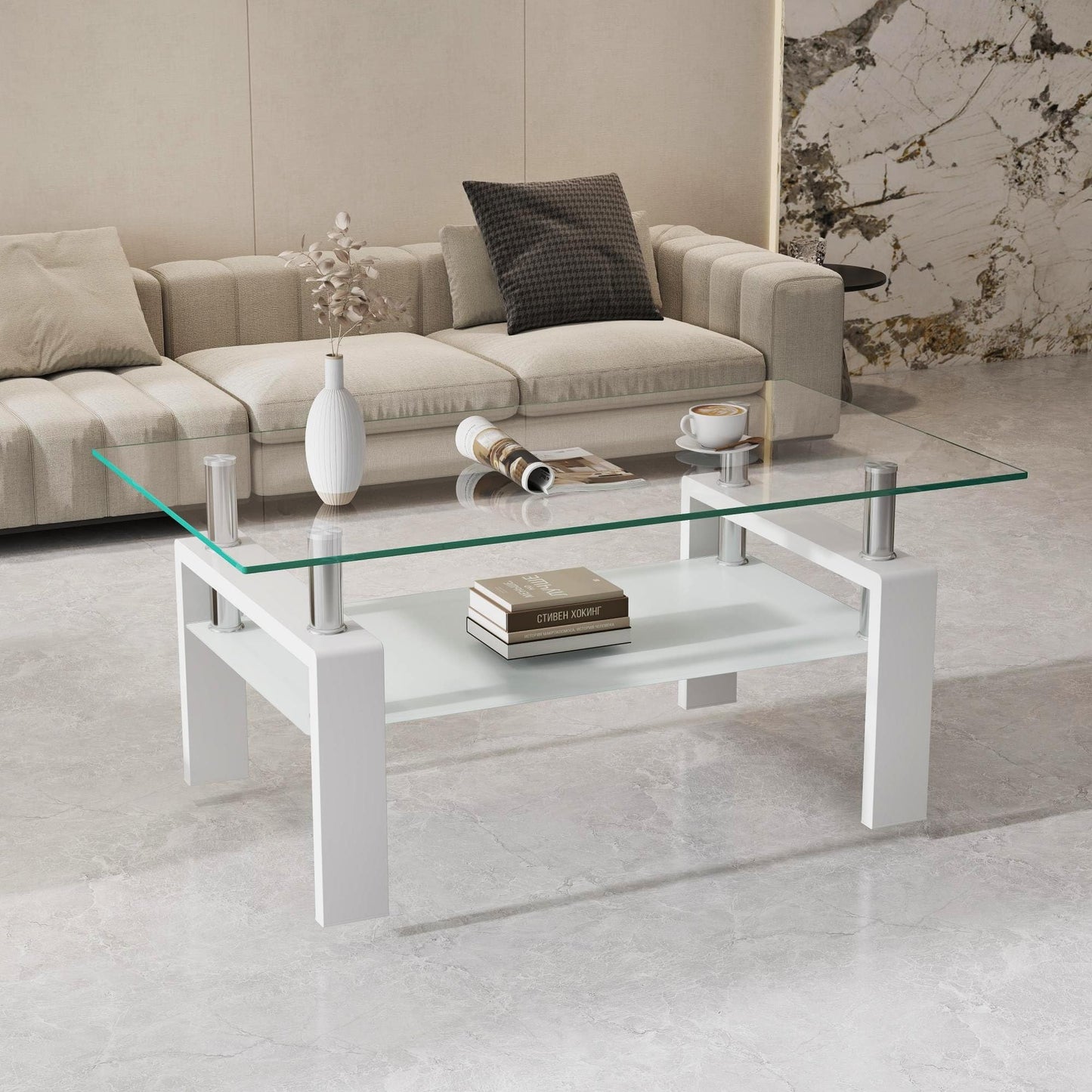 Meihua Tempered Glass Coffee Table for Living Room, Clear Center Table with 0.47 inch Tempered Glass, Transparent Modern Coffee Table
