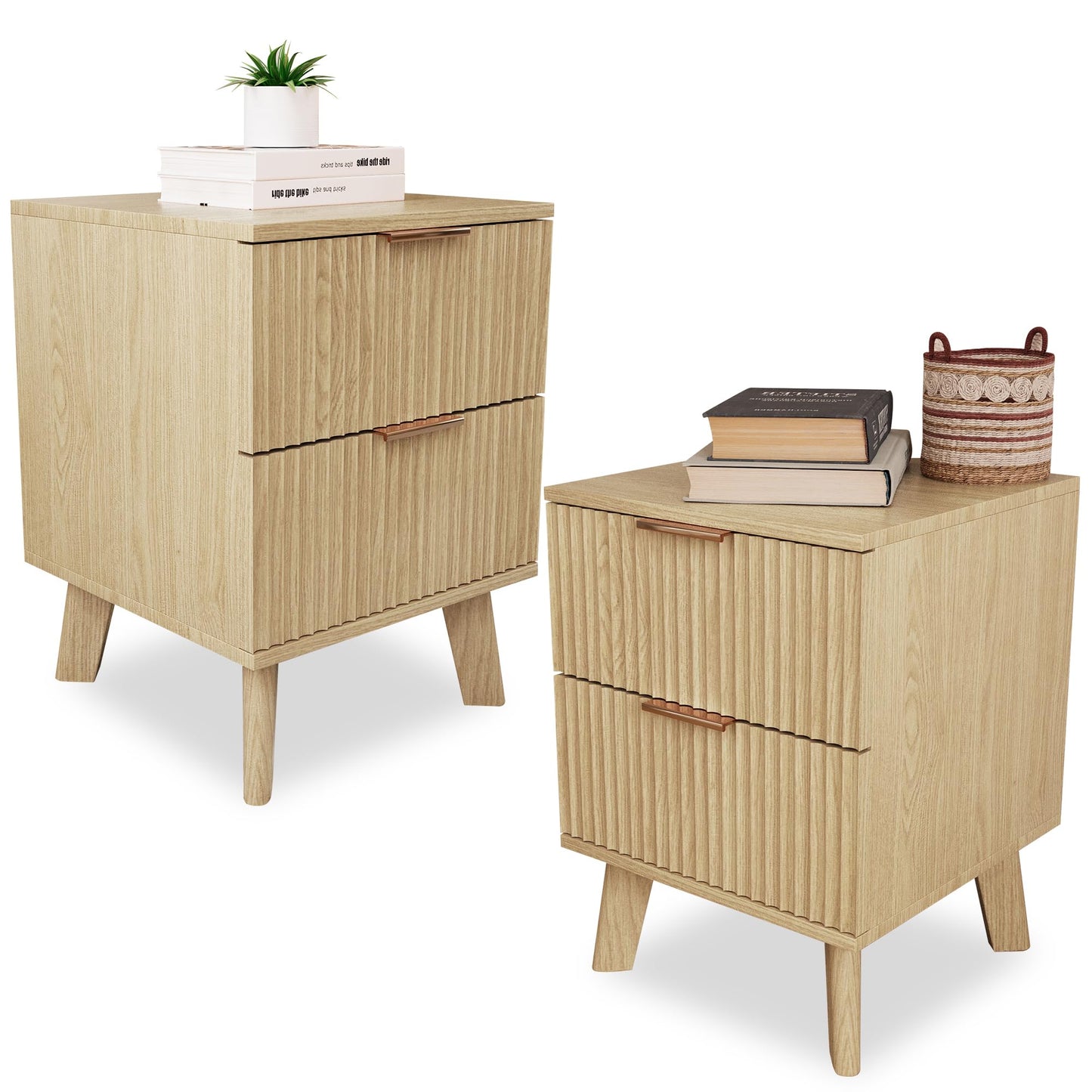 Fluted Nightstand Set of 2, Mid Century Modern 2 Drawer Dresser for Bedroom, Small Dresser Night Stand Side Table End Table with Wood Fluted Drawer Storage for Bedroom Closet(Walnut)