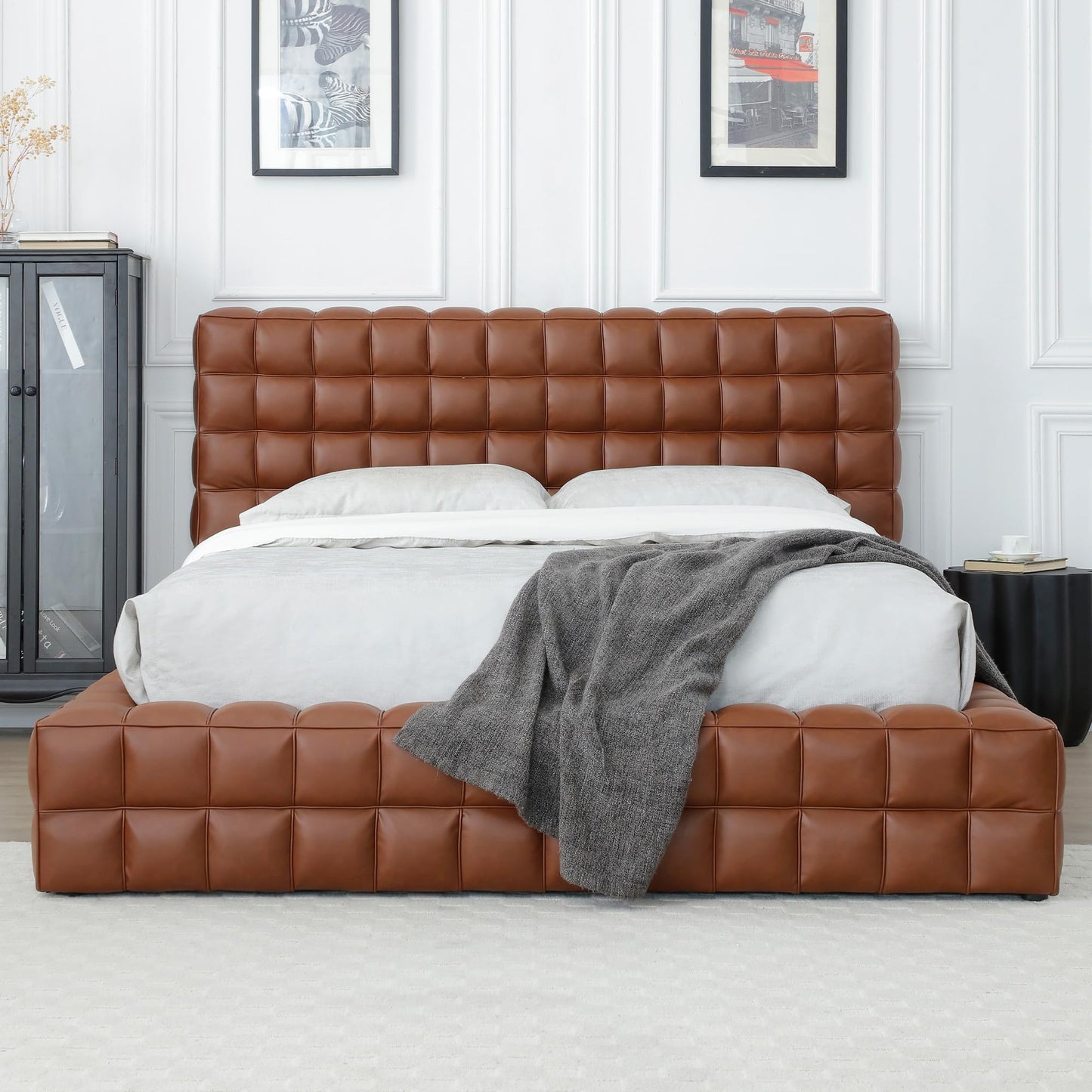 Woodpeckers Furniture And Mattress Livia Vegan Leather Upholstered Bed Frame (Brown, King)