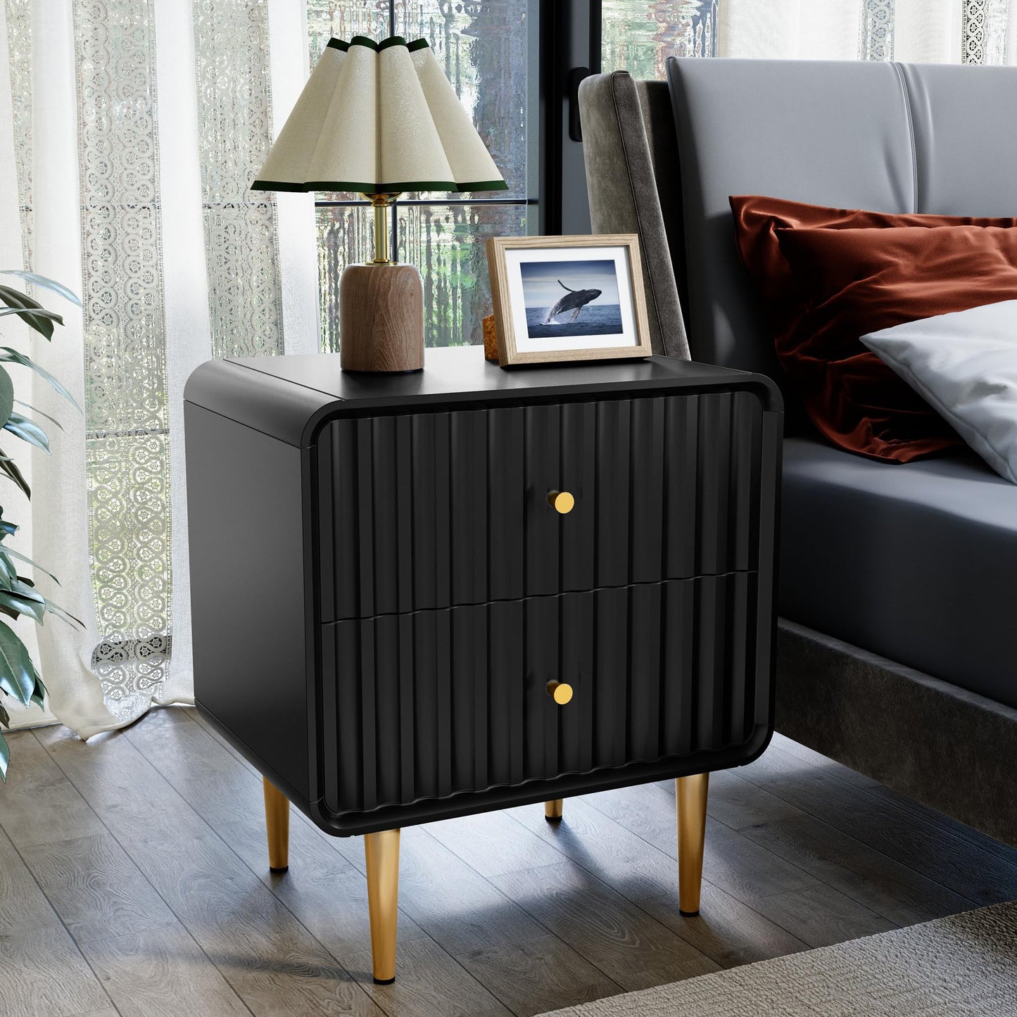 HLR Modern Nightstand Set of 2, Fluted Bed Side Table with 2 Drawers Storage, Wood End Table with Gold Metal Handle, White Night Stands for Bedroom