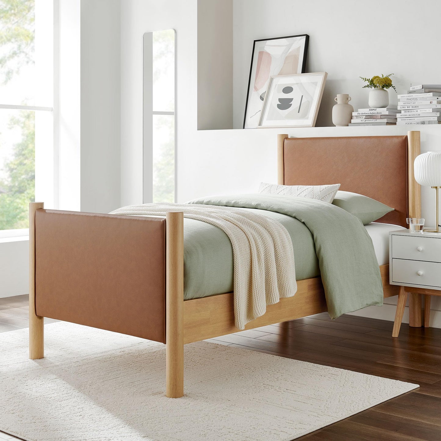 Modway Maven King Size Bed Frame in Tan Walnut with Faux Leather Upholstered Headboard and Footboard – Wood King Platform Bed Frame – No Box Spring Needed