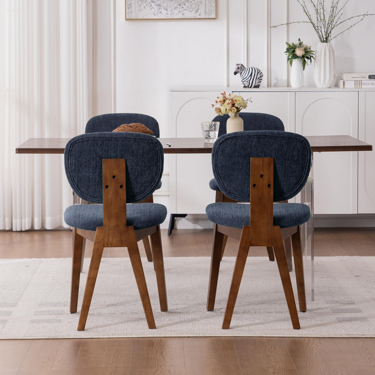 VKNOW Wooden Dining Chairs Set of 4, Mid Century Modern Upholstered Kitchen Side Chairs, Chenille Dining Room Chair with Curved Seat Backrest for Home Dining Room,Green