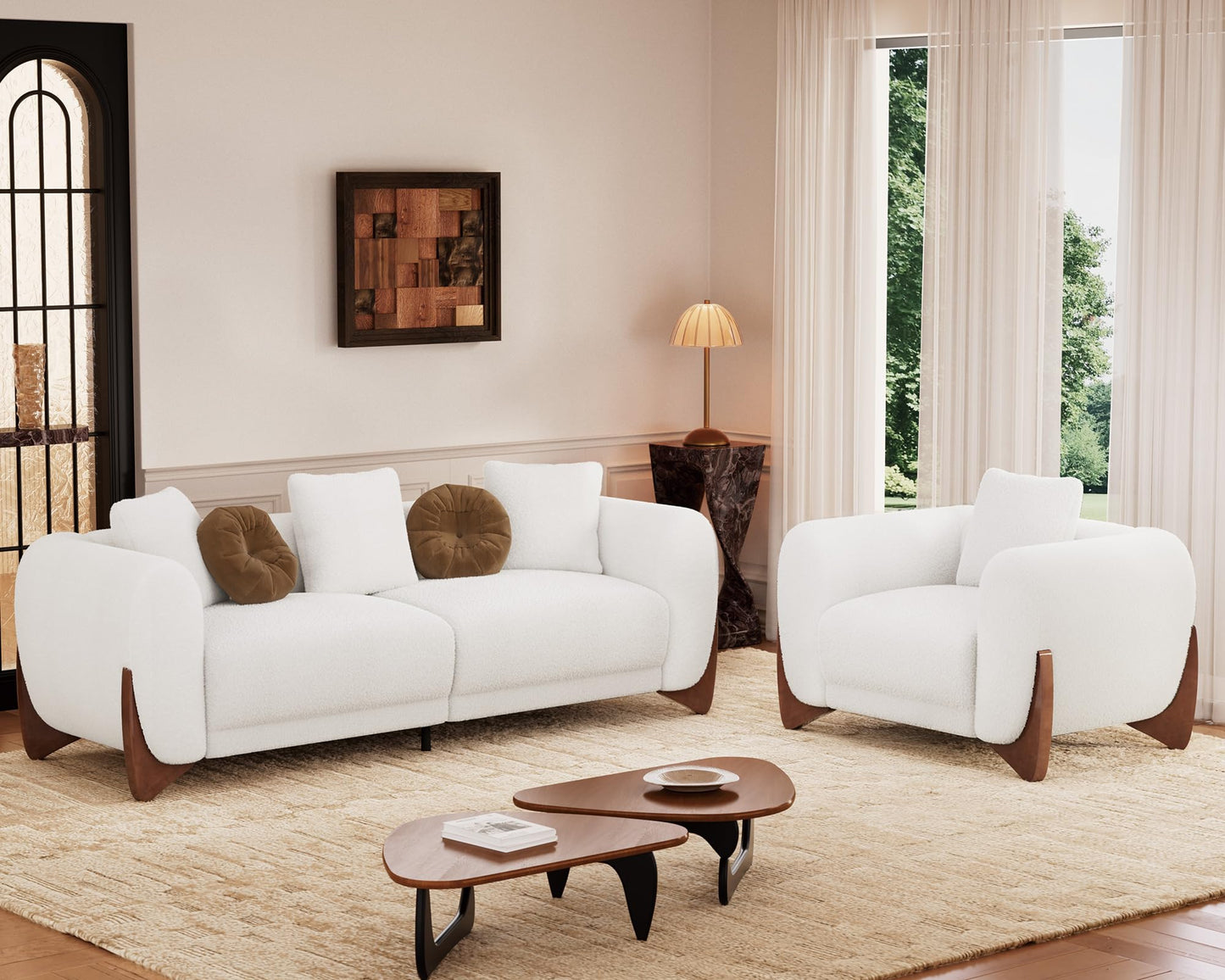 Morden Fort Modern Cloud Couch - 3 Seater Sherpa Boucle Sofa with Wood Legs, Ultra-Thick High Resilience Cushion with 3 Matching Pillows Upholstered Comfy Couch Sofa for Living Room - Off White