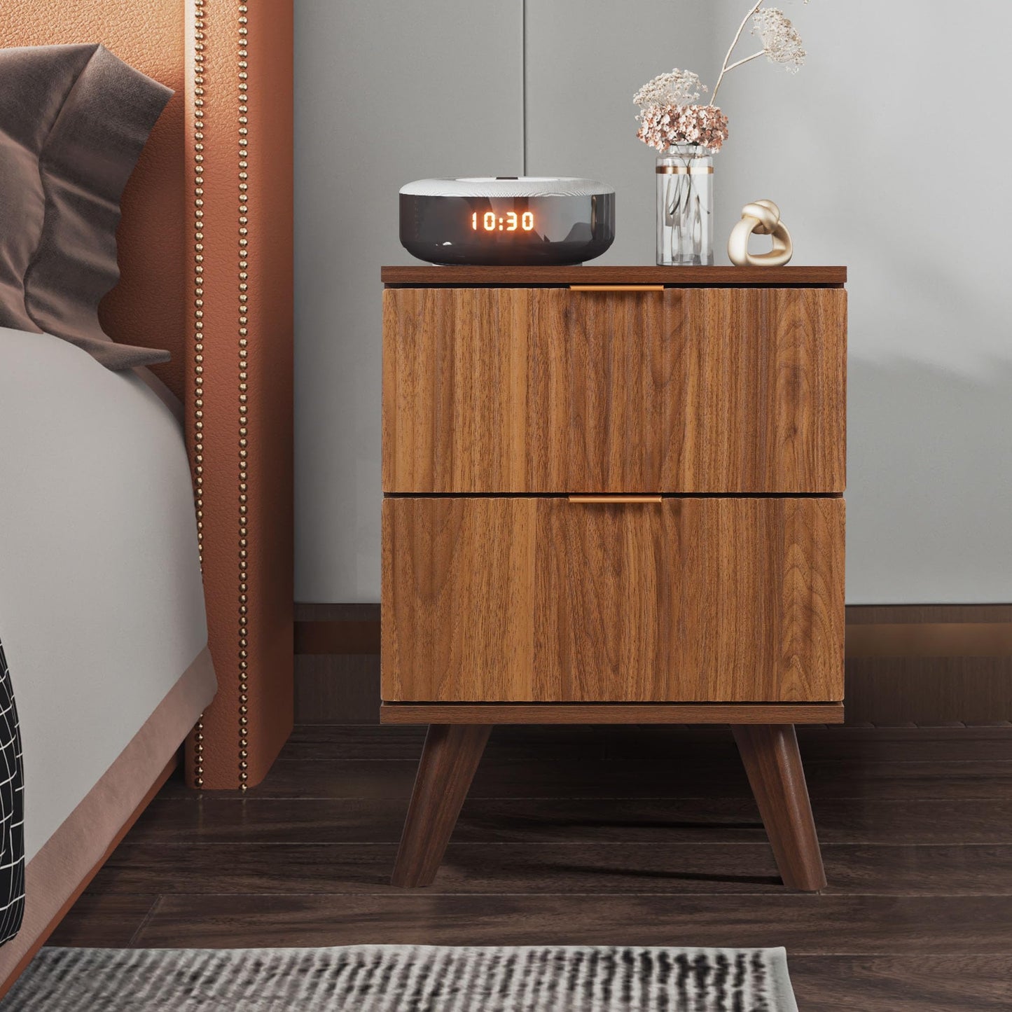 Fluted Nightstand Set of 2, Mid Century Modern 2 Drawer Dresser for Bedroom, Small Dresser Night Stand Side Table End Table with Wood Fluted Drawer Storage for Bedroom Closet(Walnut)