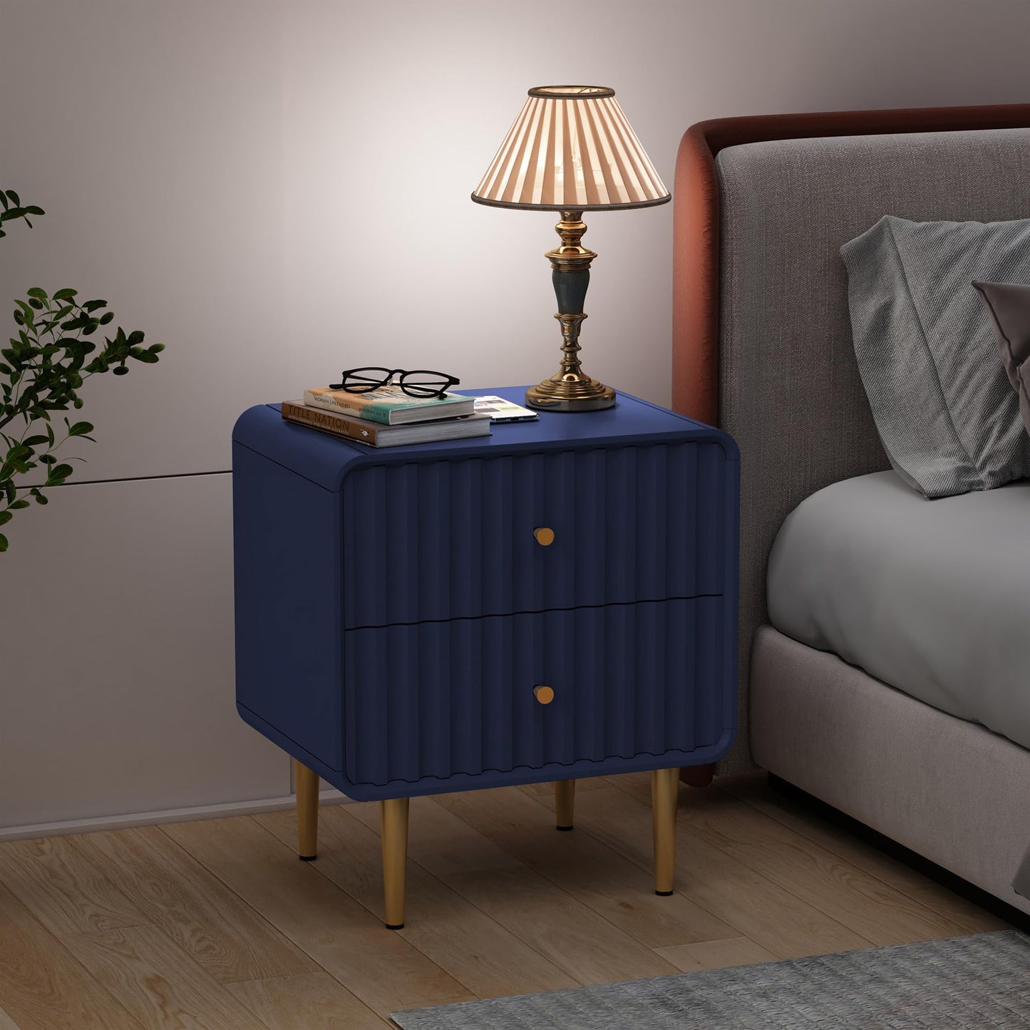 HLR Modern Nightstand Set of 2, Fluted Bed Side Table with 2 Drawers Storage, Wood End Table with Gold Metal Handle, White Night Stands for Bedroom