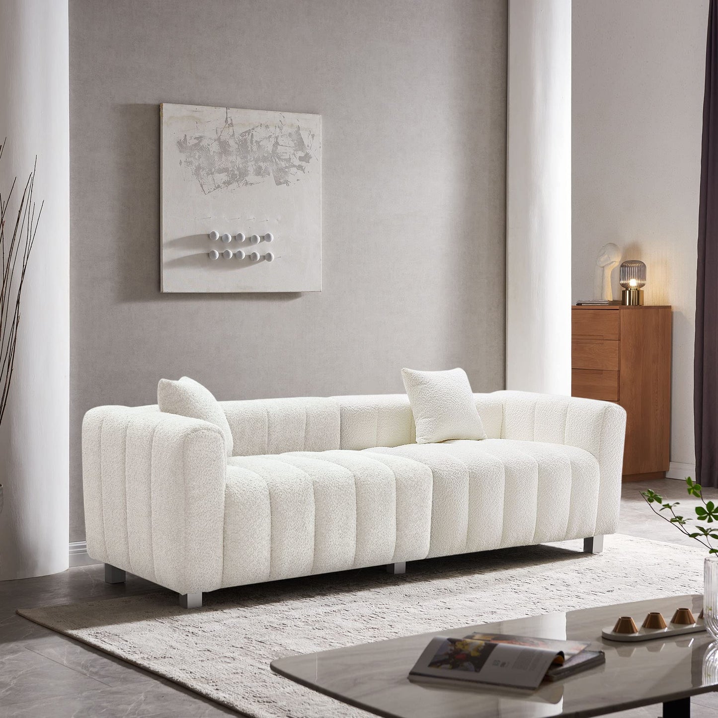 87.4" Modern 3 Seater Boucle Sofa Couch for Living Room, Mid Century Fluffy Couches with Solid Wood Frame and 6 Legs for Bedroom, Apartment, Weight Capacity 750 LBS (White)